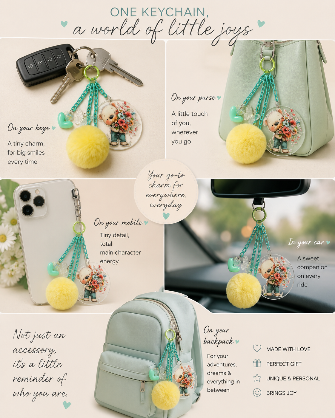 BeYoou.Bling Handcrafted Premium Limited-edition Kawaii Mint Green Teddy Bear Acrylic Keychain/Bag Charm