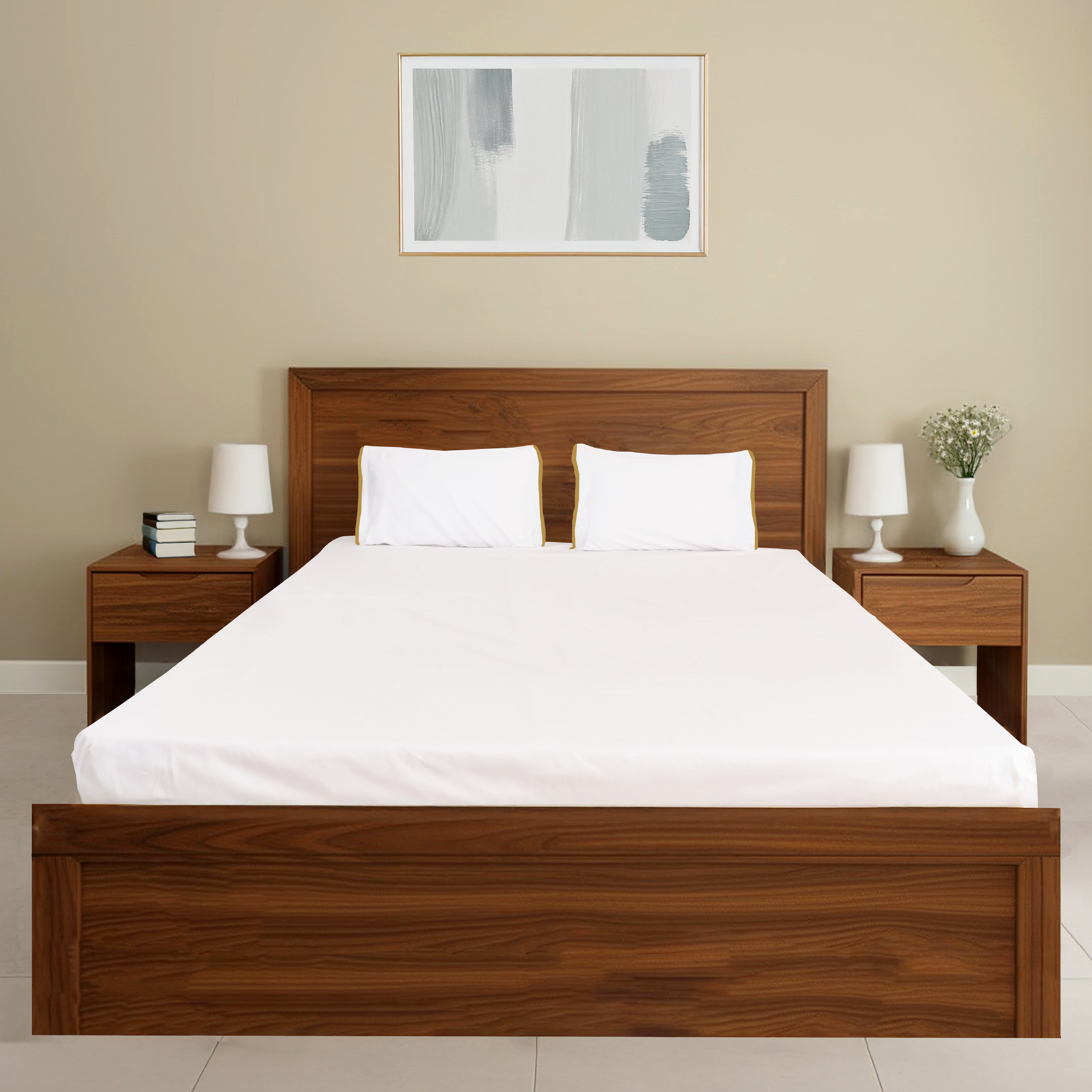 Gold Flange on White Percale, 300 TC Bedsheet with two pillow cover