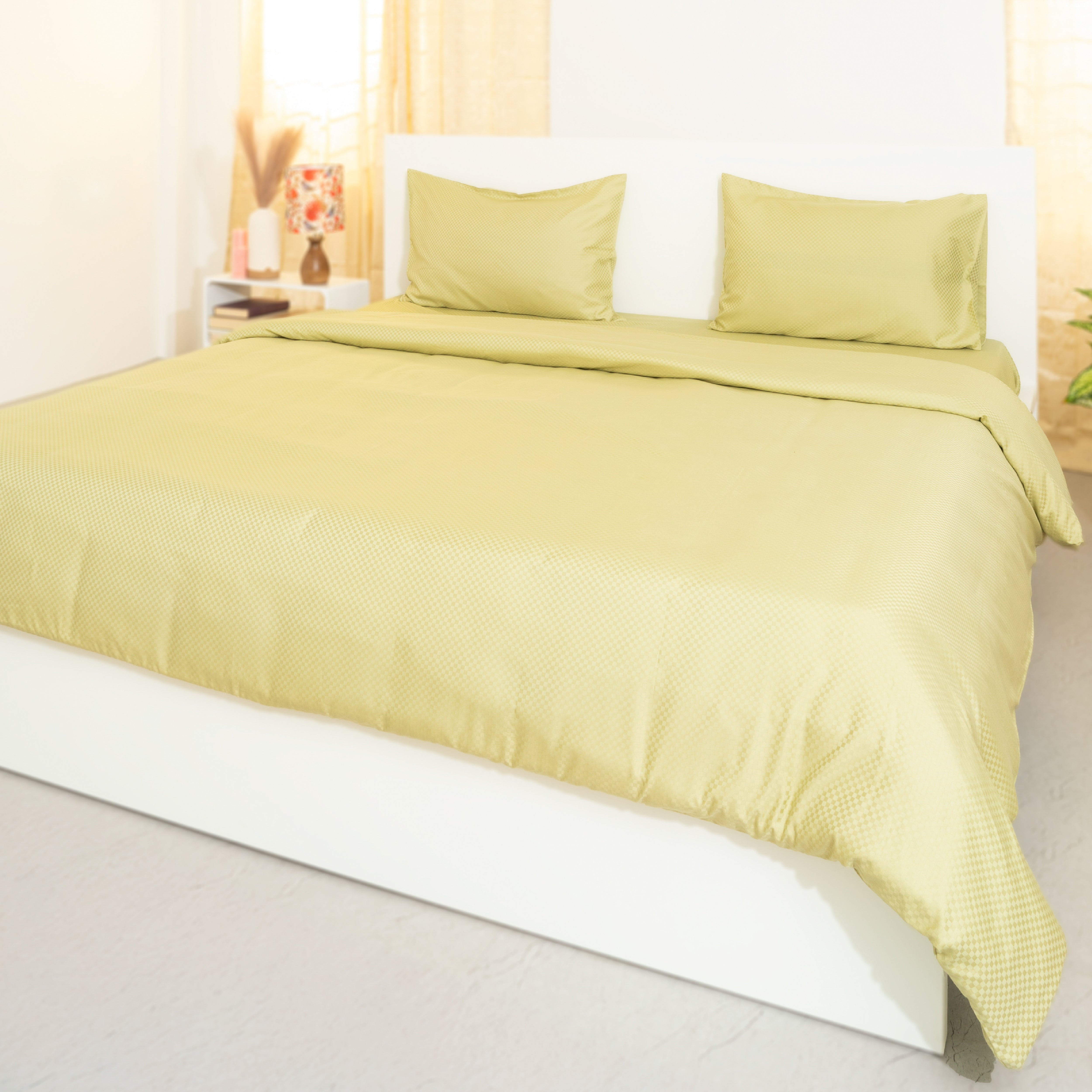 Sage Green, 400 TC, 5mm Checks, Vegan Silk Blend Bedsheet Set
