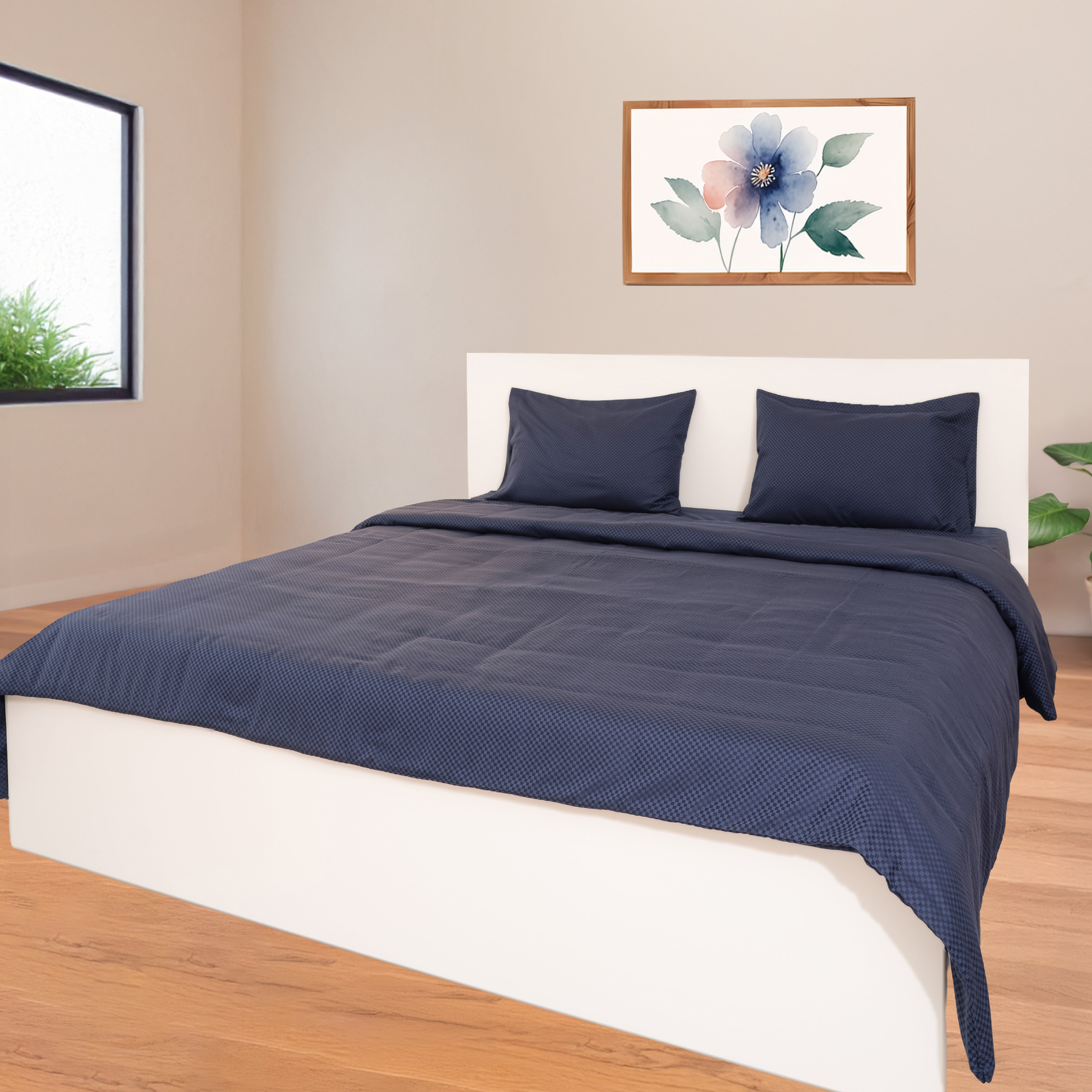 400 TC, 5mm Checks, Vegan Silk Blend Bedsheet Set & Duvet Cover