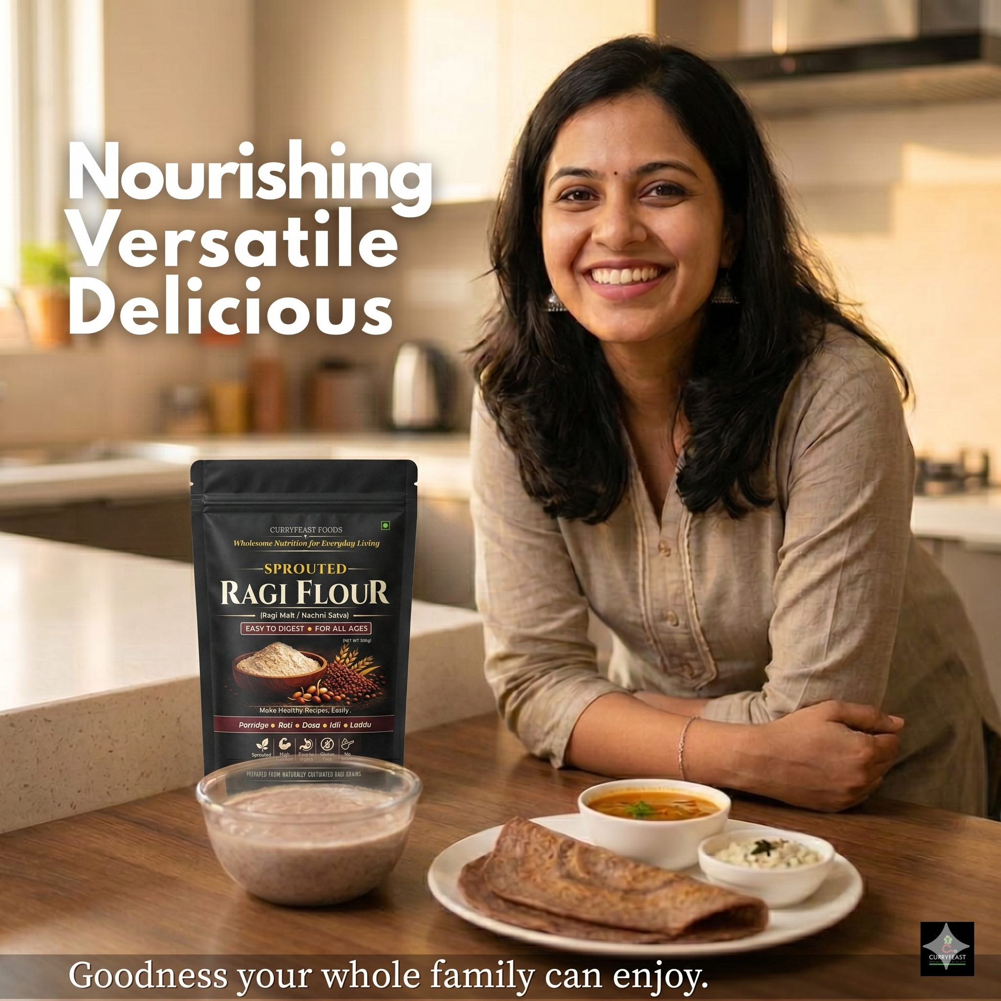 Curryfeast Sprouted Ragi Flour – Gluten Free Finger Millet Flour, High Calcium & Fiber Rich, Traditionally Prepared Nachni Satva, 500g