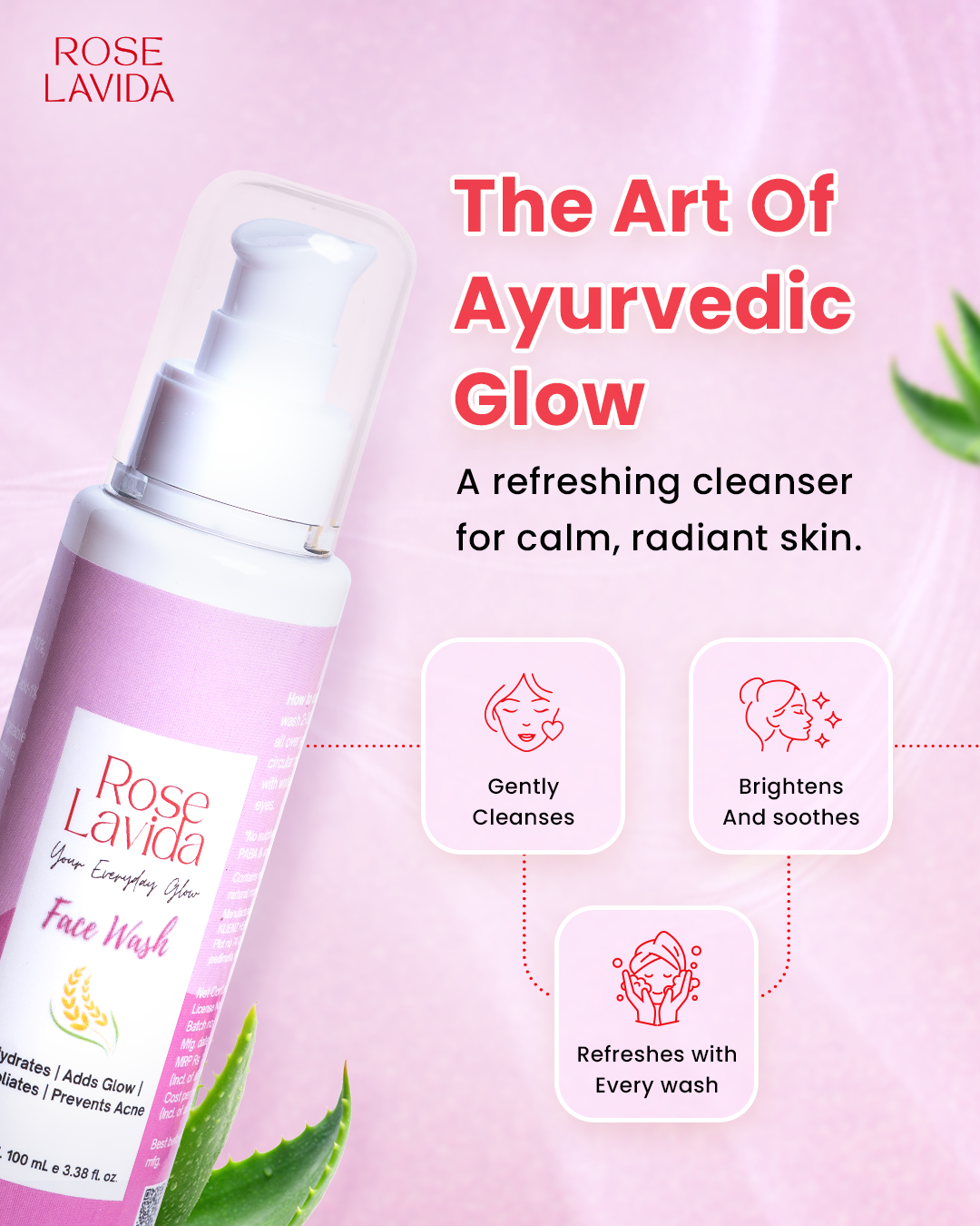 Rose Lavida Ayurvedic Rice Aloe Radiance Cleanser + Natural Glow Vitamin C Face Moisturizer | With 8 Plant Herbs | Gentle Non-drying Cleanser, Deeply Hydrating Moisturizer | Nature's Glow Combo | For All Skin Types