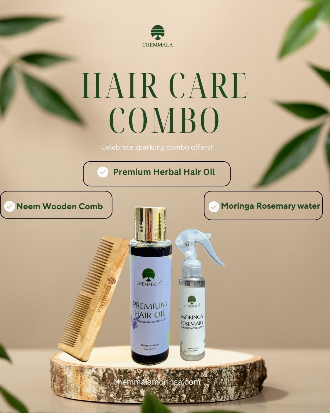 Chemmala Moringa Hair Care kit: Moringa Rosemary Hair Growth Elixir,Chemmala Premium Herbal Hair Oil,Neem Wooden Comb