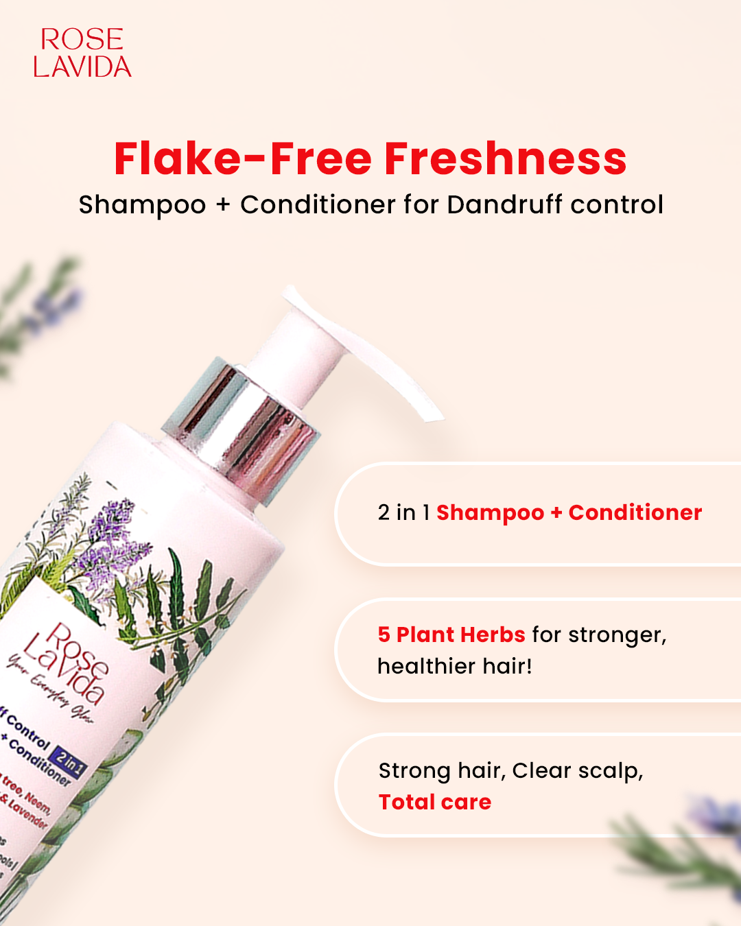 Rose Lavida Ayurvedic Rosemary Strength & Shine & Tea Tree Flake Free 2-in-1 Shampoo + Conditioner For Hair fall & Dandruff Control Combo| With 5 Plant Ingredients | For All Hair Types