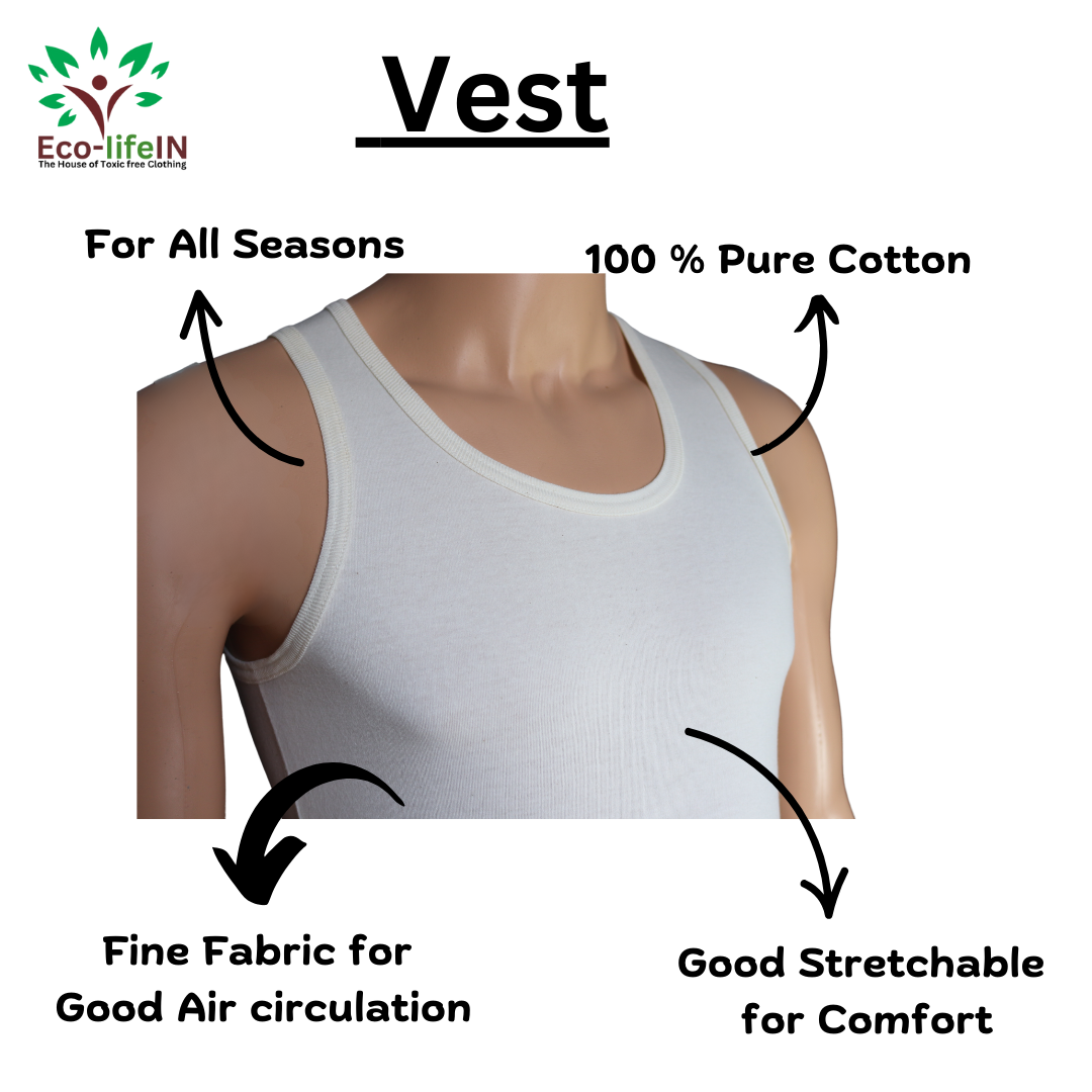 Eco Life Men's Toxic Free pure Cotton Undyed Cream Vest - Pack of 3