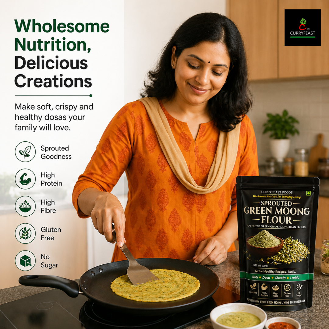 CURRYFEAST Sprouted Green Moong Flour / Instant Chilla Flour / INR 250