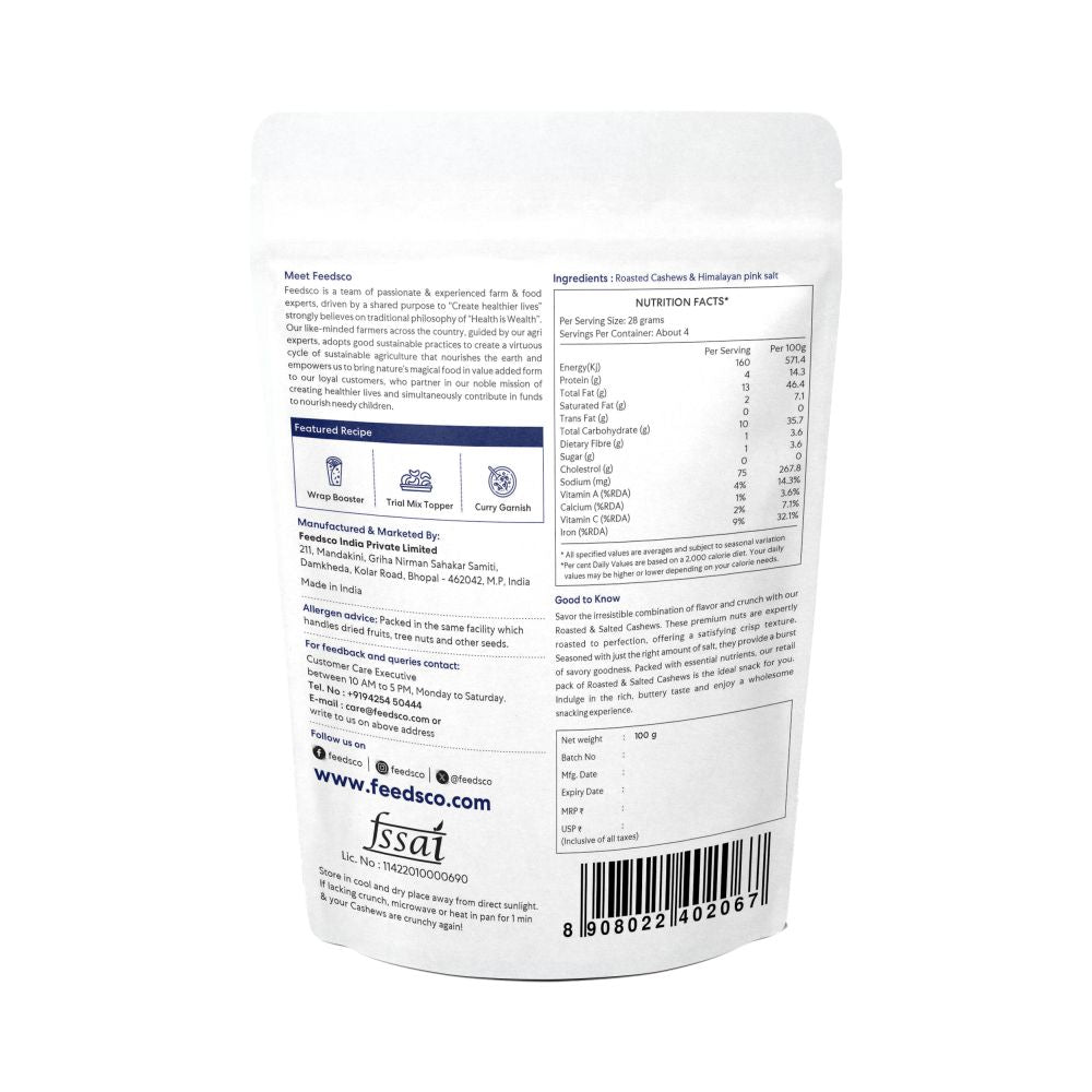 Feedsco Cashew Cravings Roasted and Salted Cashew | Nutritious, Crunchy & Delicious | Gluten Free | 200 g (Pack of 2)