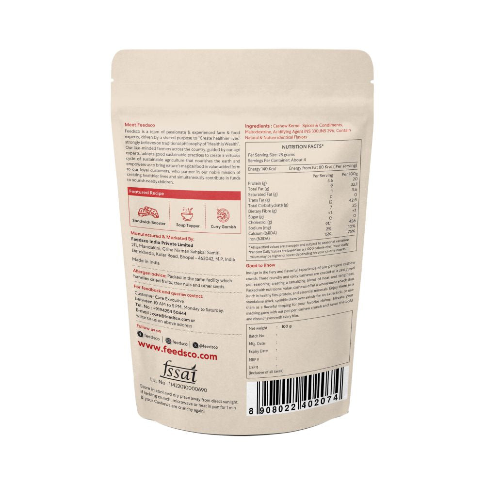 Feedsco Peri Peri Cashew Crunch Roasted | Peri Peri Cashews | Flavoured Nuts | Masala Kaju | 100 Gms (Pack of 2)