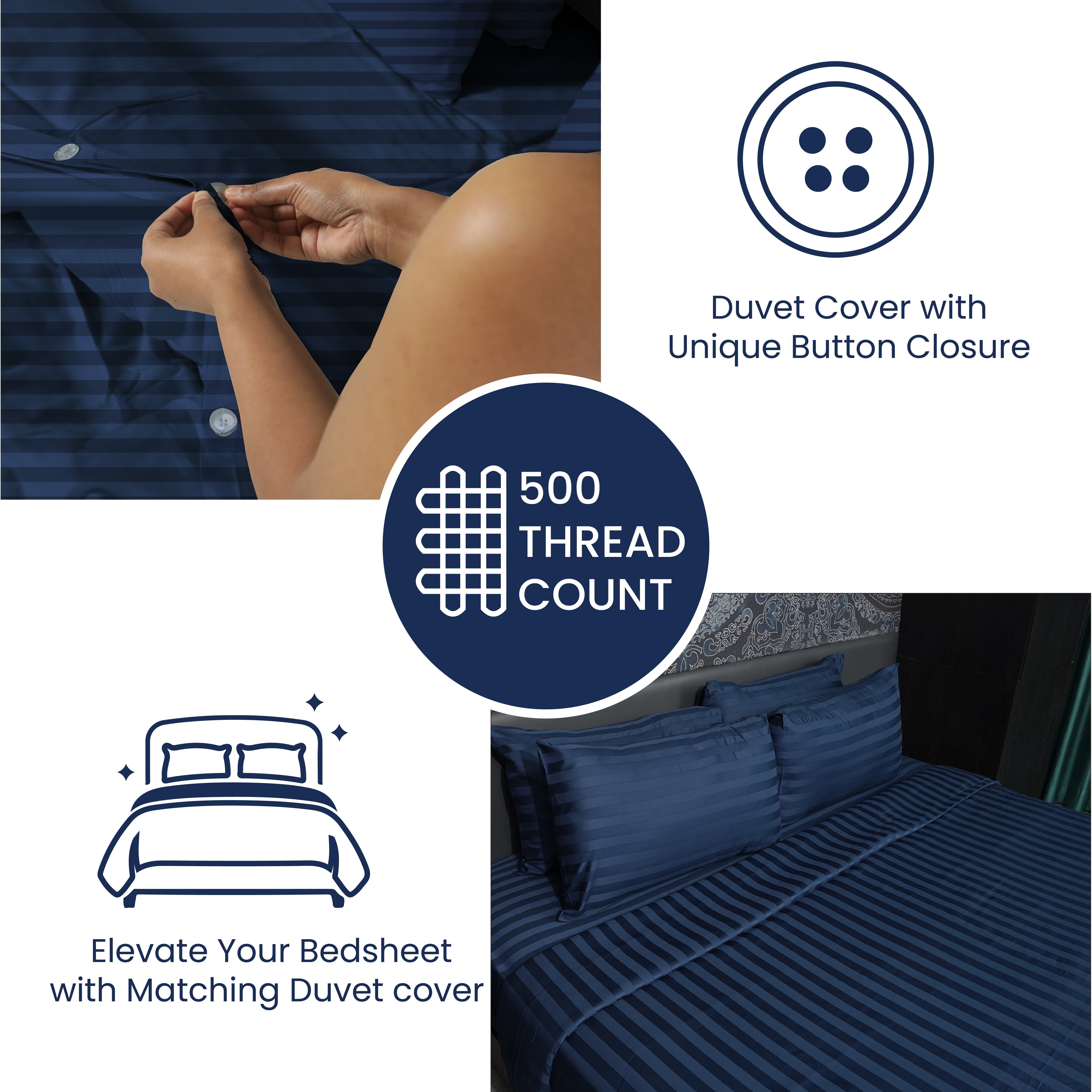 Navy Blue, 500TC, Stripes Bedsheet Set