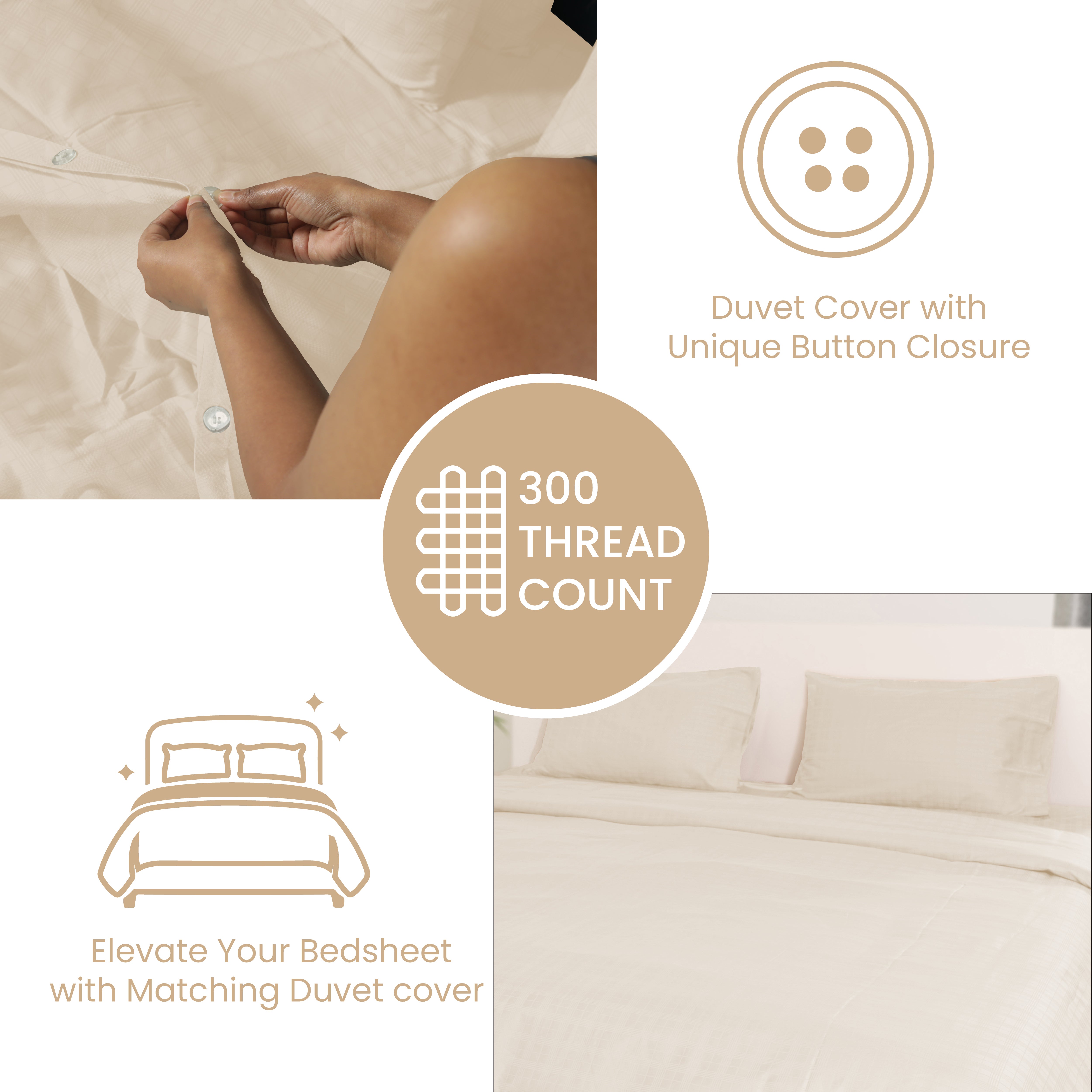 Bone White, 300TC, Window Pane Bedsheet Set
