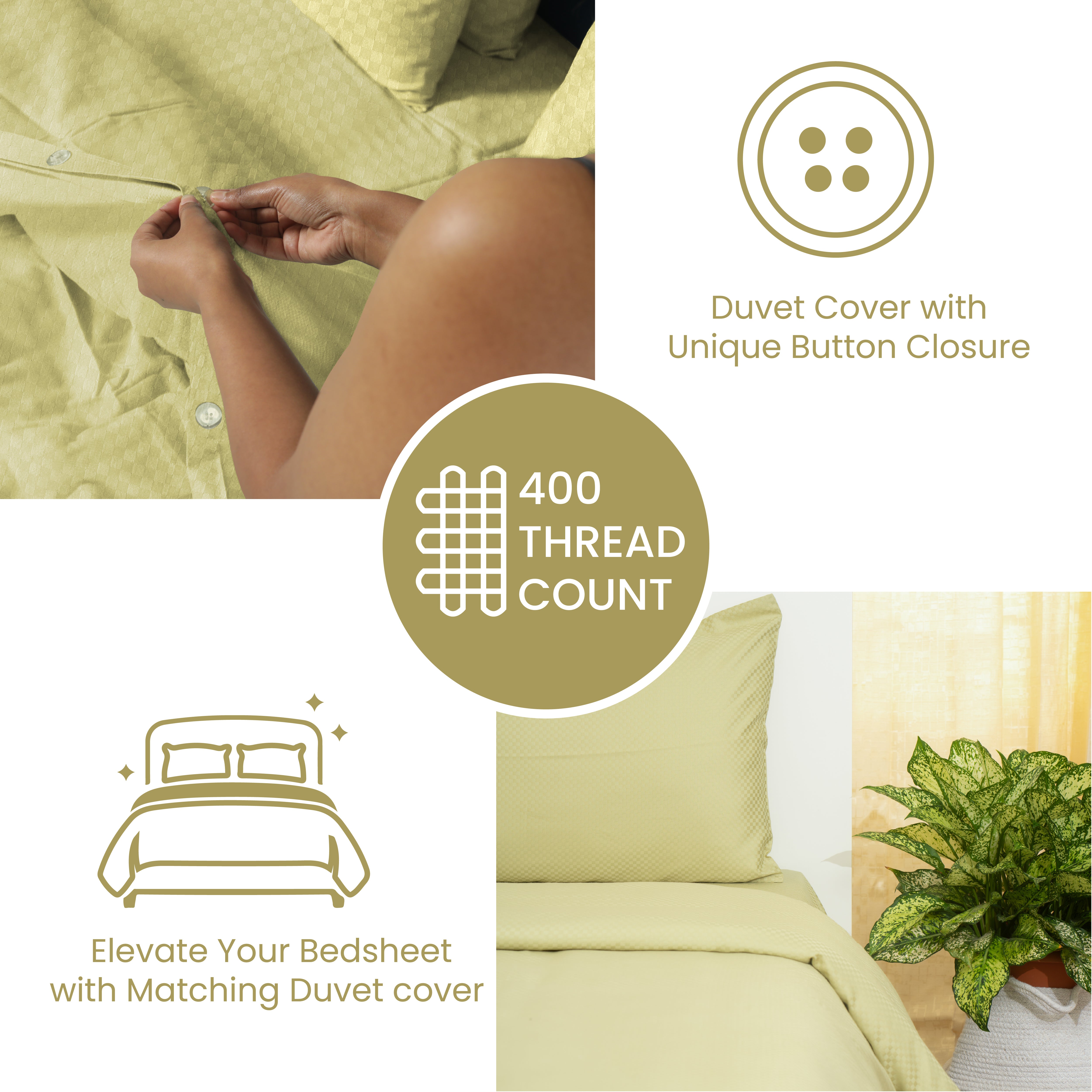 Sage Green, 400 TC, 5mm Checks, Vegan Silk Blend Bedsheet Set