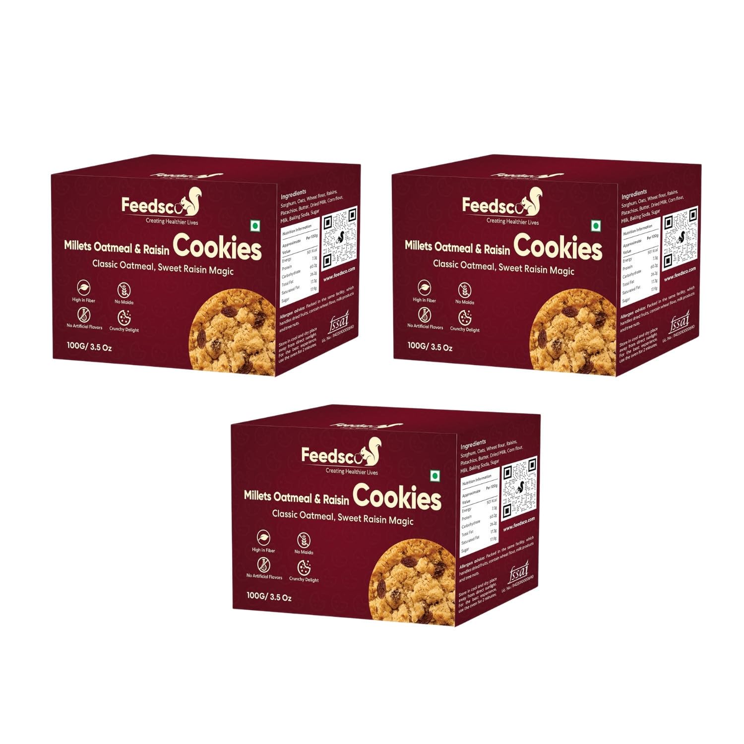 Feedsco Millets Oatmeals & Raisins Cookies Tasty & Healthy Cookies | Natural Sweetness | 100g | Pack of 3