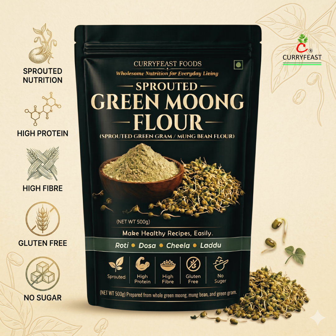 CURRYFEAST Sprouted Green Moong Flour / Instant Chilla Flour / INR 250