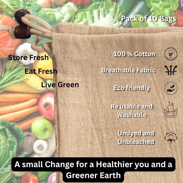 Eco-life Vegetable Storage Cotton Bag - Pack of 10 Bags
