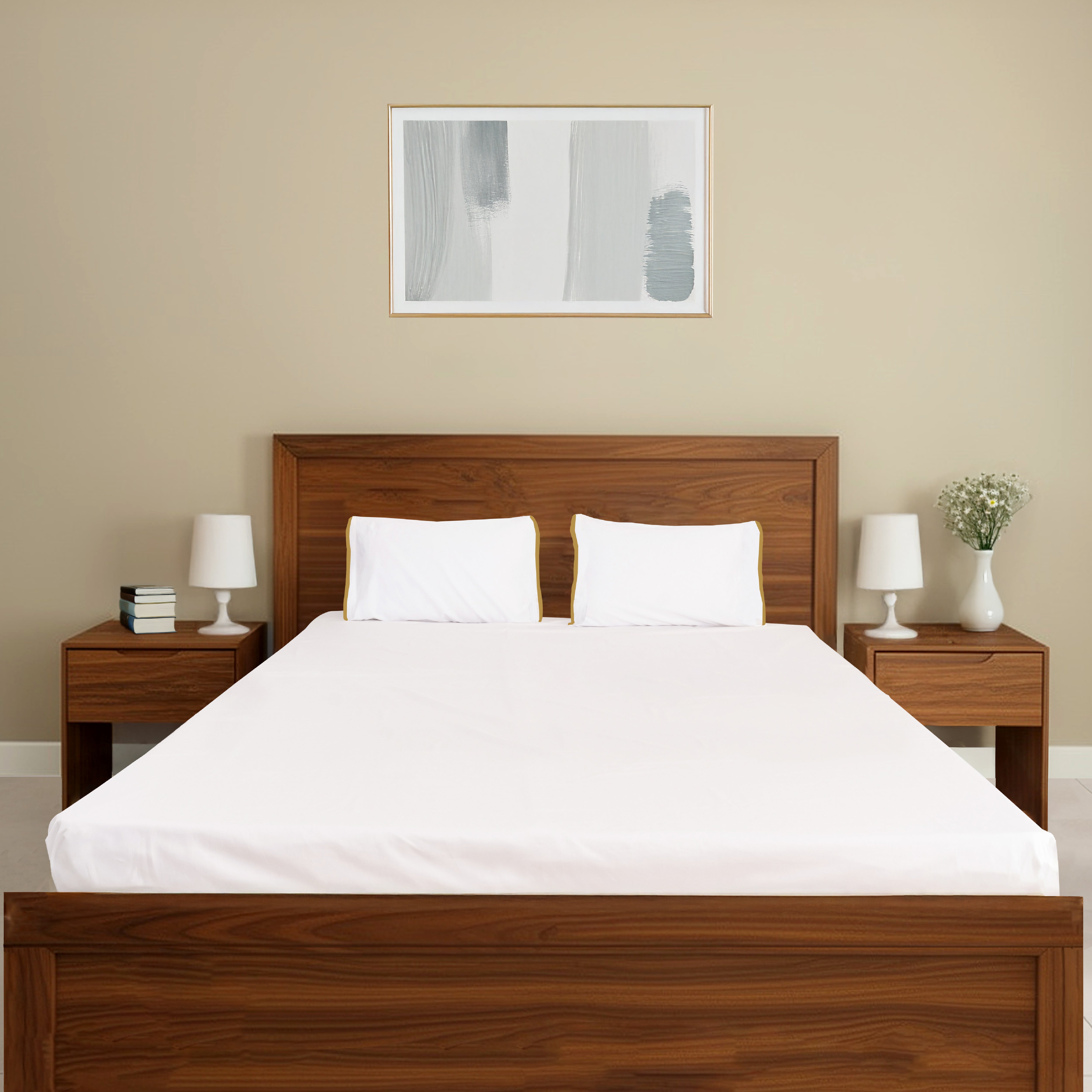 Gold Flange on White Percale, 300 TC Bedsheet with two pillow cover