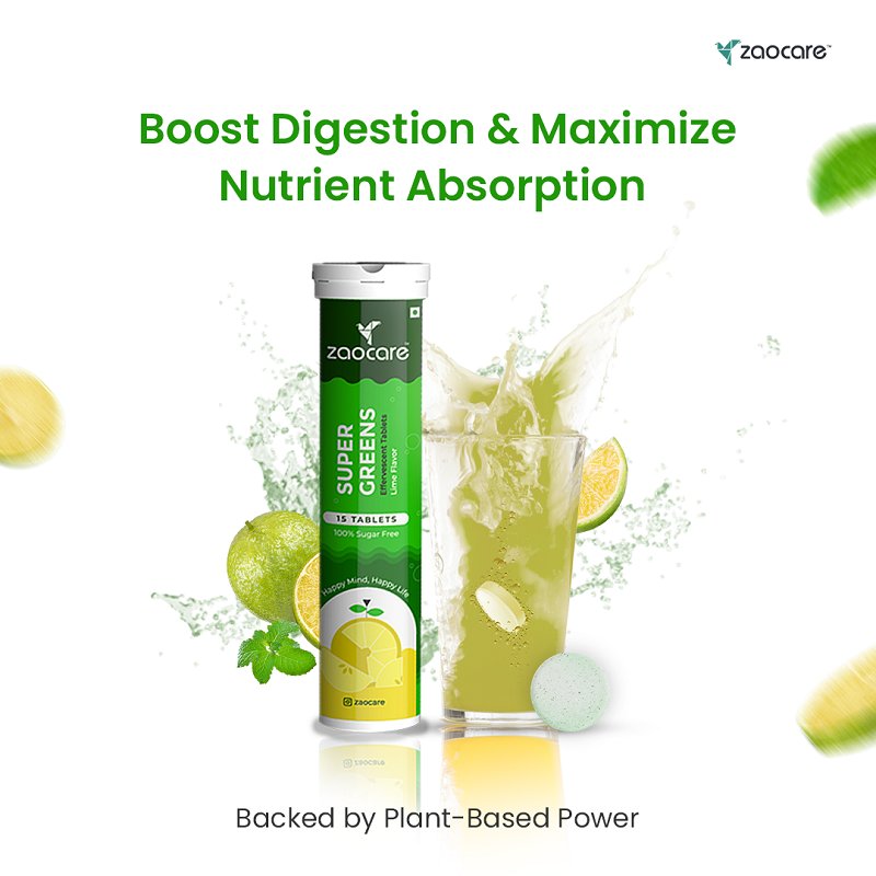 Zaocare Supergreen Effervescent Tablets For Tummy Fat Burn & Gut Detox | 100% Vegan