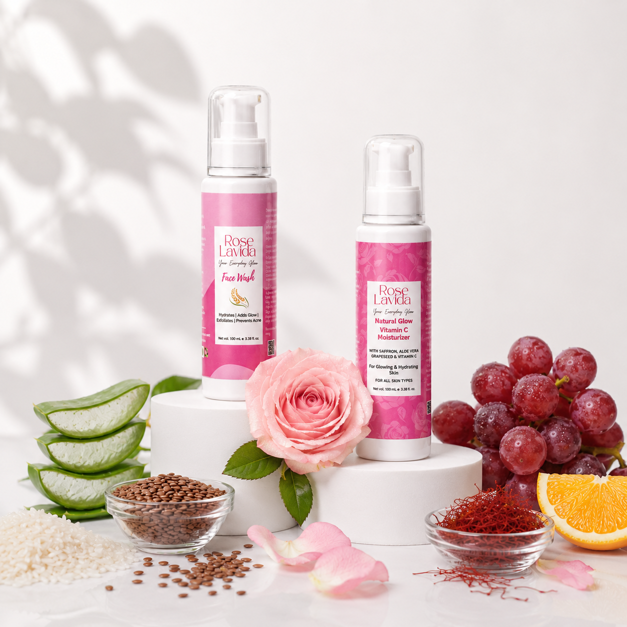 Rose Lavida Ayurvedic Rice Aloe Radiance Cleanser + Natural Glow Vitamin C Face Moisturizer | With 8 Plant Herbs | Gentle Non-drying Cleanser, Deeply Hydrating Moisturizer | Nature's Glow Combo | For All Skin Types