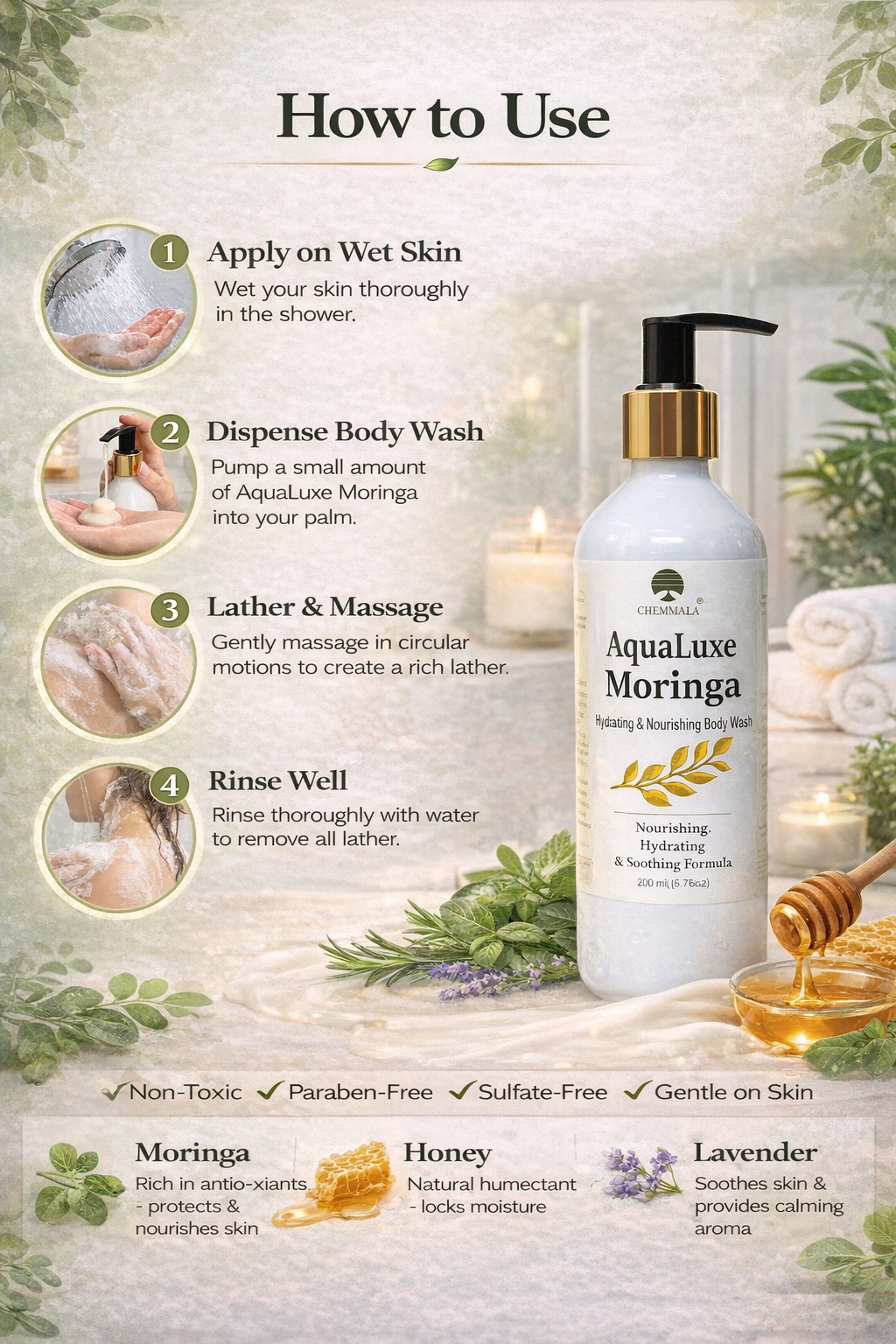 AquaLuxe Moringa Body & Face Wash – Hydrating & Nourishing Herbal Cleanser for Soft, Healthy Skin