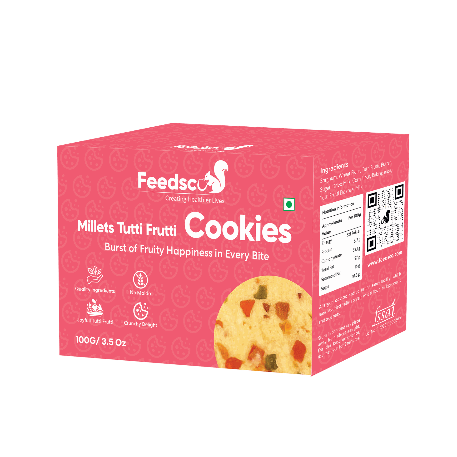 Feedsco Millets Tutti Frutti Cookies Tasty & Healthy Cookies | Natural Sweetness | 100g | Pack of 3