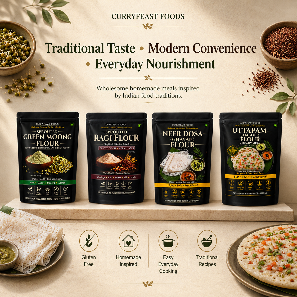 Curryfeast Wholesome Nutrition & Traditional Taste Combo | Sprouted Green Moong Flour, Sprouted Ragi Flour, Neer Dosa Flour & Uttapam Flour | Easy Everyday Meals | Gluten Free | Traditional Indian Ready Mix Combo