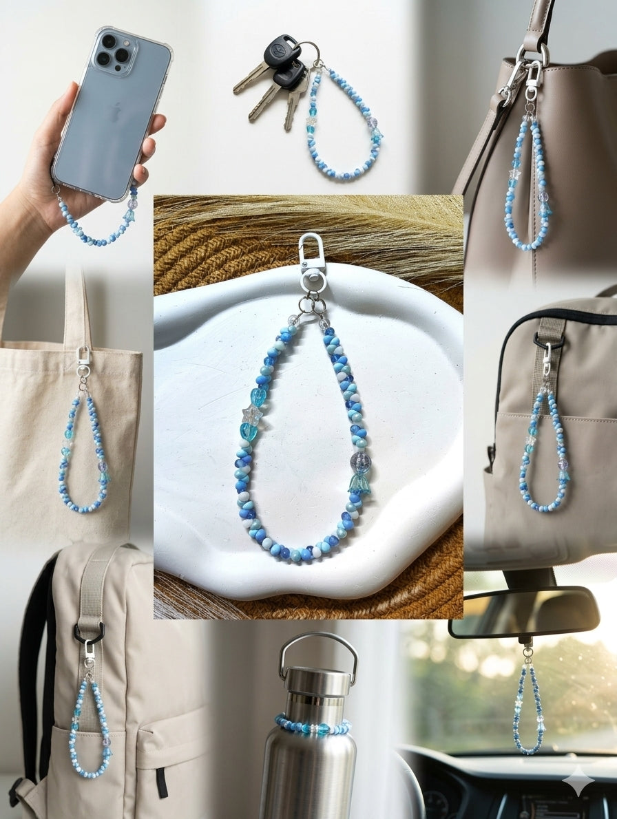 BeYoou.Bling Handcrafted **Blue Bellflower, Star Beaded Wristlet Keychain, Phone Strap, Safety Tag