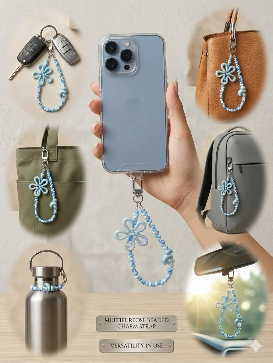 BeYoou.Bling Handcrafted **Blue Flower & Bunny Beaded Wristlet Keychain, Phone Tag, Safety Tag