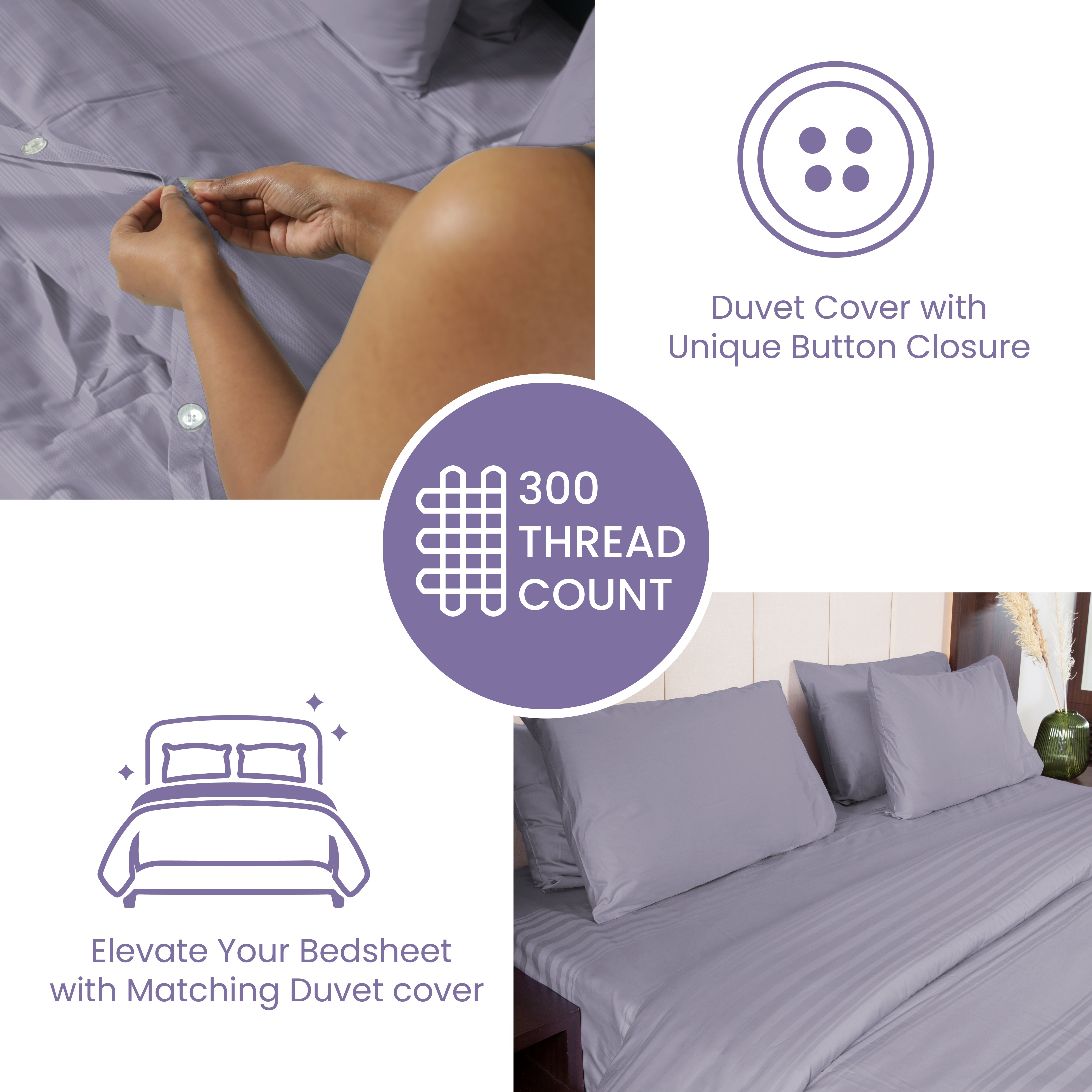 Lavender Aura, 300TC, Horizontal Stripes Bedsheet Set