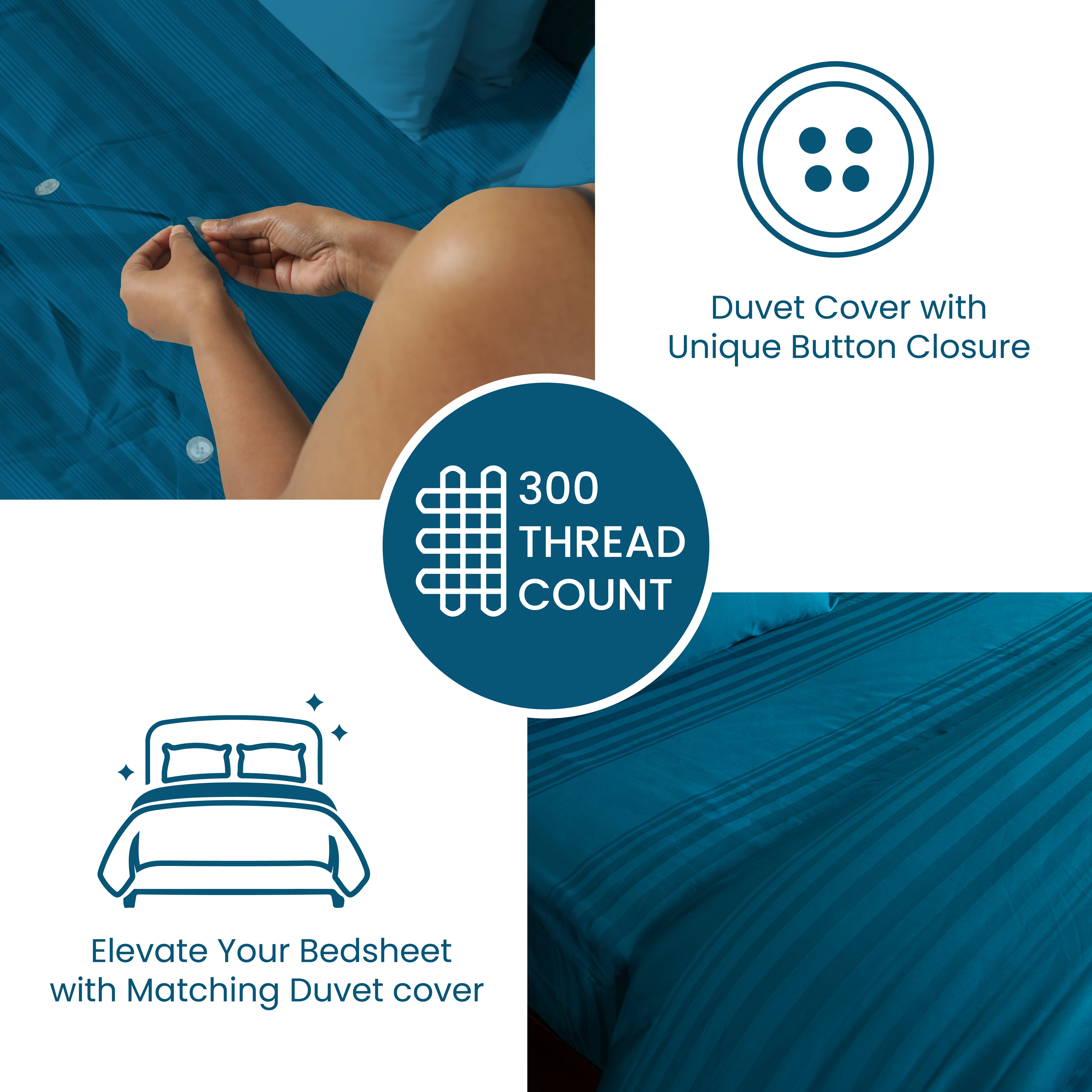 Teal Blue, 300TC, Horizontal Stripes Bedsheet Set