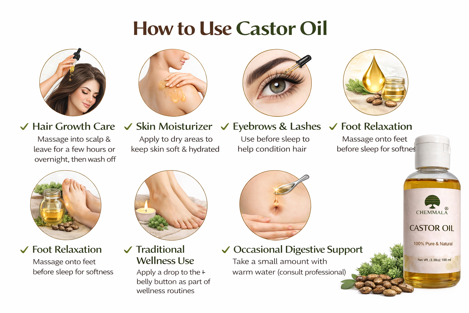 Chemmala Pure Castor Oil – Traditionally Extracted | Cold Pressed | 100% Natural for Hair Growth, Skin & Wellness