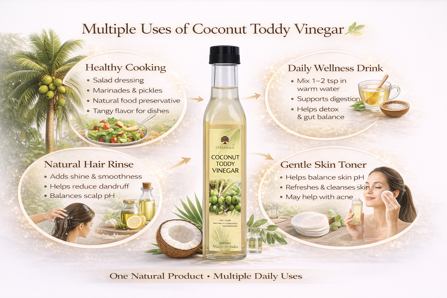 Chemmala Coconut Toddy Vinegar – 100% Natural & Raw | Unfiltered | Supports Digestion & Gut Health | Traditional Fermented Coconut Vinegar