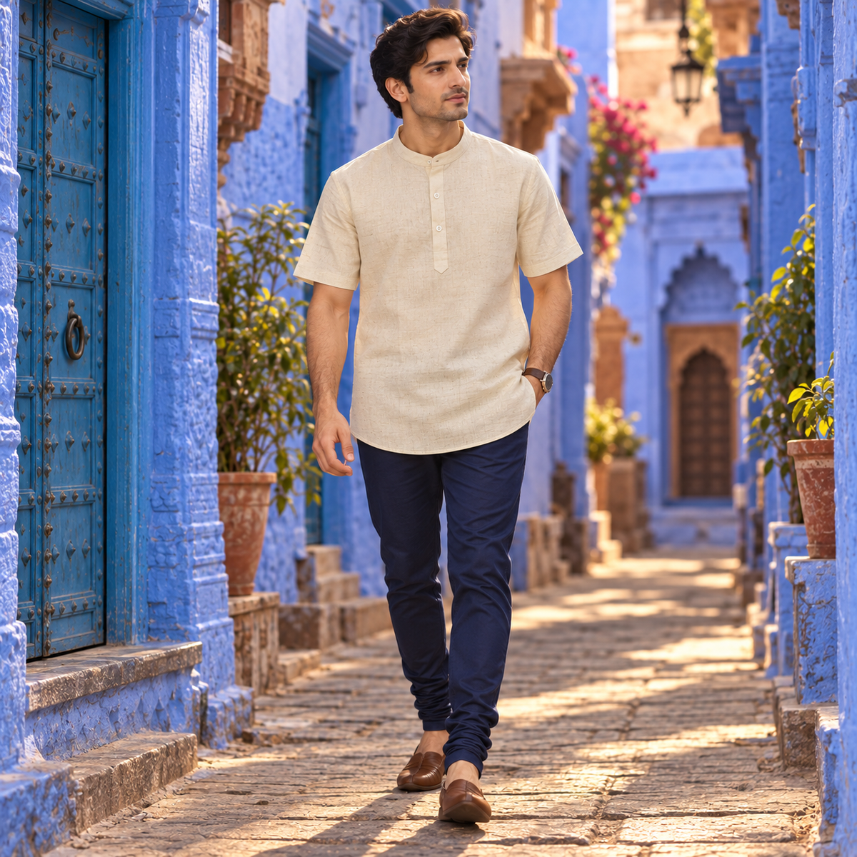 UNHELD Men Hemp Half Sleeve Water Repellent Odor Control Short Kurta