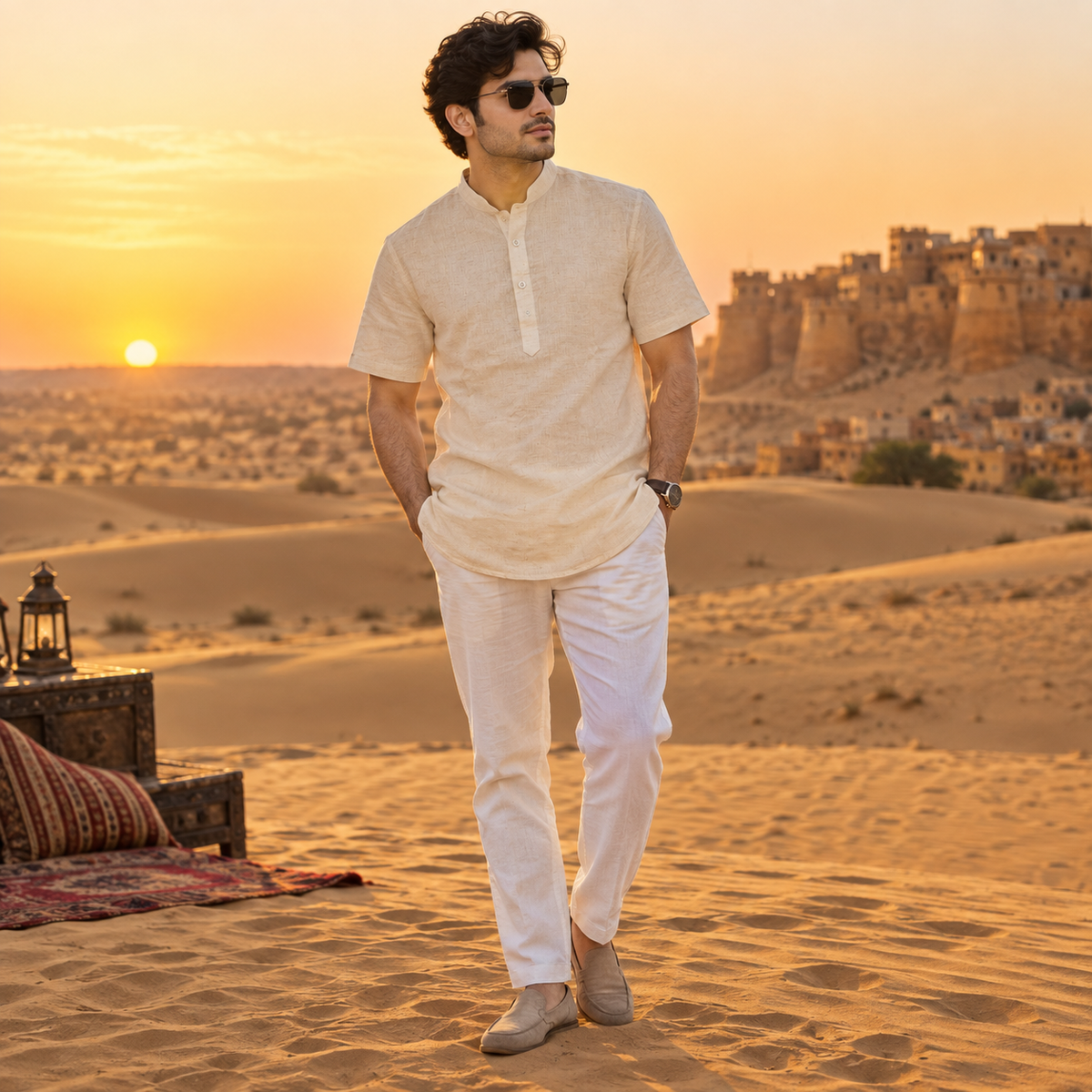 UNHELD Men Hemp Half Sleeve Water Repellent Odor Control Short Kurta
