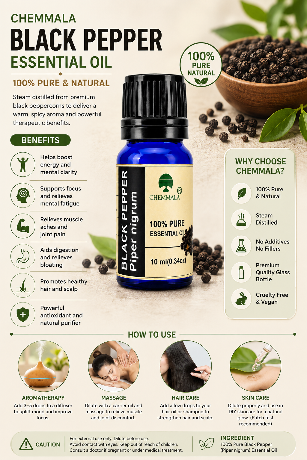 Chemmala Black Pepper Essential Oil | 100% Pure Steam Distilled | Therapeutic Grade | 10ml