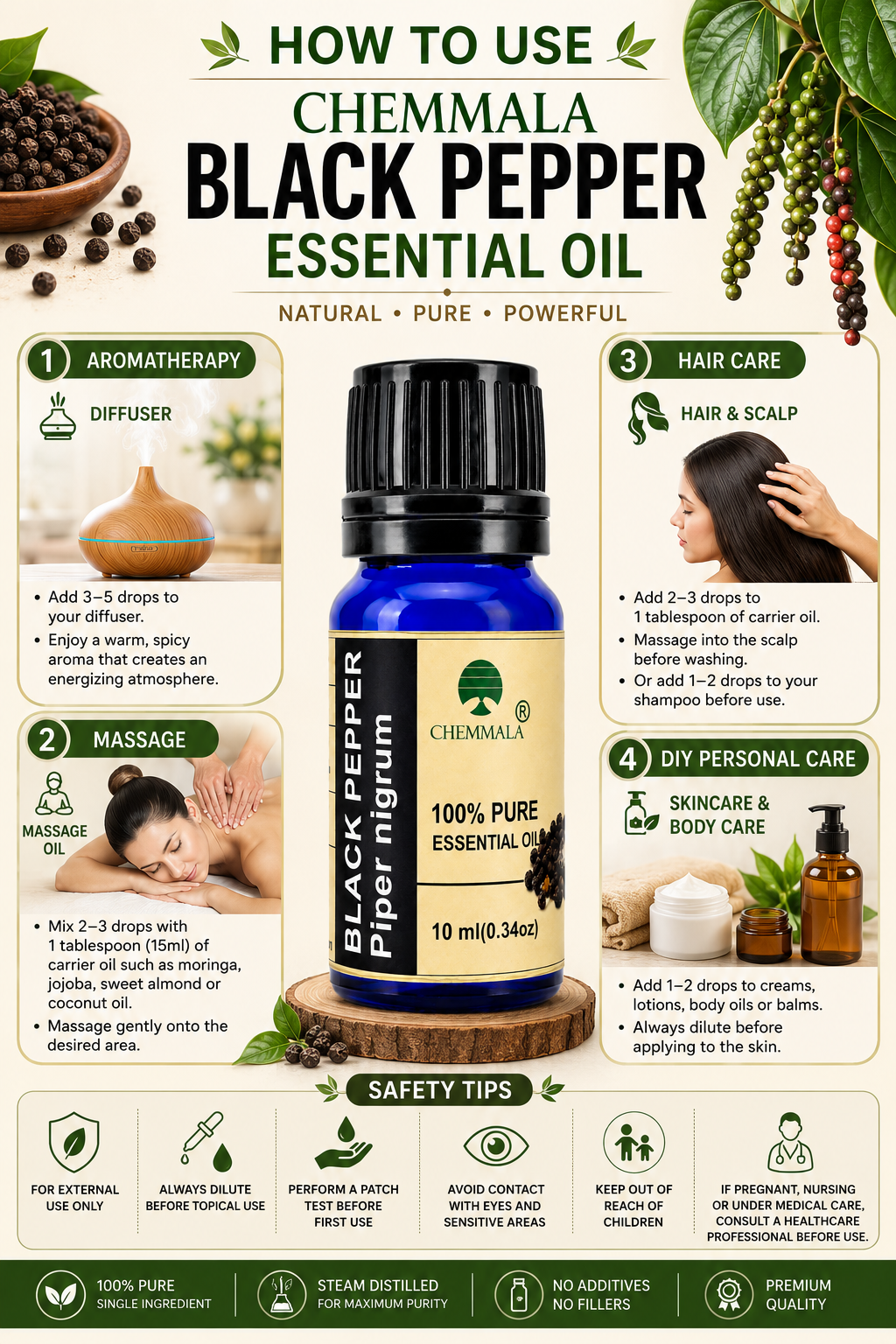 Chemmala Black Pepper Essential Oil | 100% Pure Steam Distilled | Therapeutic Grade | 10ml