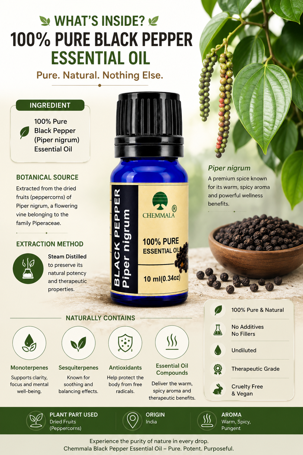 Chemmala Black Pepper Essential Oil | 100% Pure Steam Distilled | Therapeutic Grade | 10ml