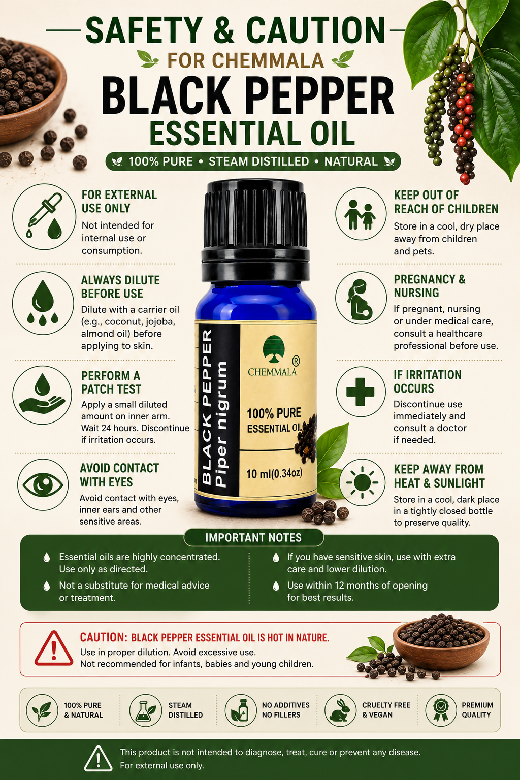 Chemmala Black Pepper Essential Oil | 100% Pure Steam Distilled | Therapeutic Grade | 10ml