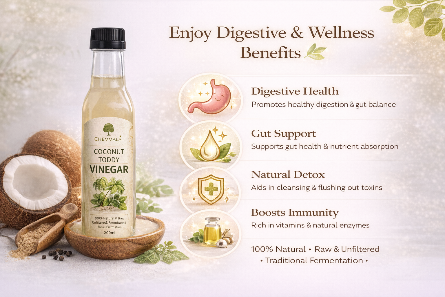 Chemmala Coconut Toddy Vinegar – 100% Natural & Raw | Unfiltered | Supports Digestion & Gut Health | Traditional Fermented Coconut Vinegar