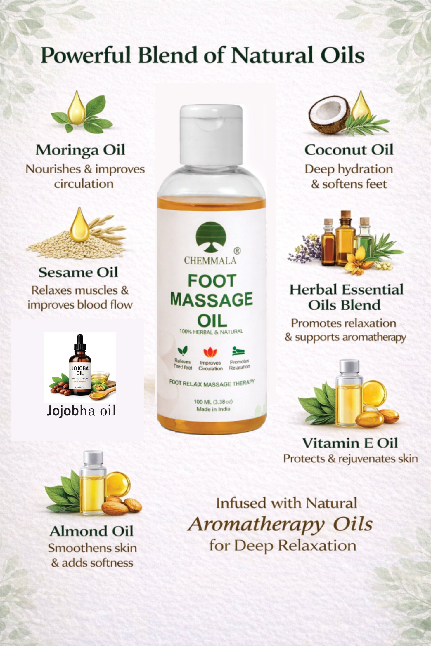 Chemmala Moringa Foot Massage Oil for Relaxation & Pain Relief | Herbal Night Care Oil for Cracked Heels, Dry Feet & Better Sleep | 100% Natural & Lightweight Formula