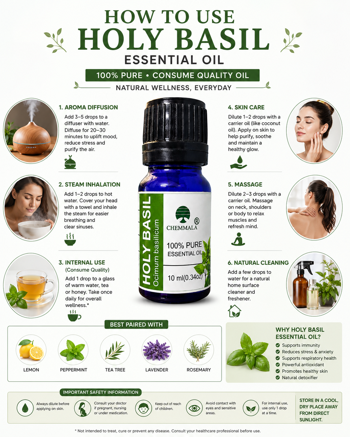Chemmala Holy Basil Essential Oil | 100% Pure Steam Distilled Consume Quality | Ocimum basilicum | 10 ml