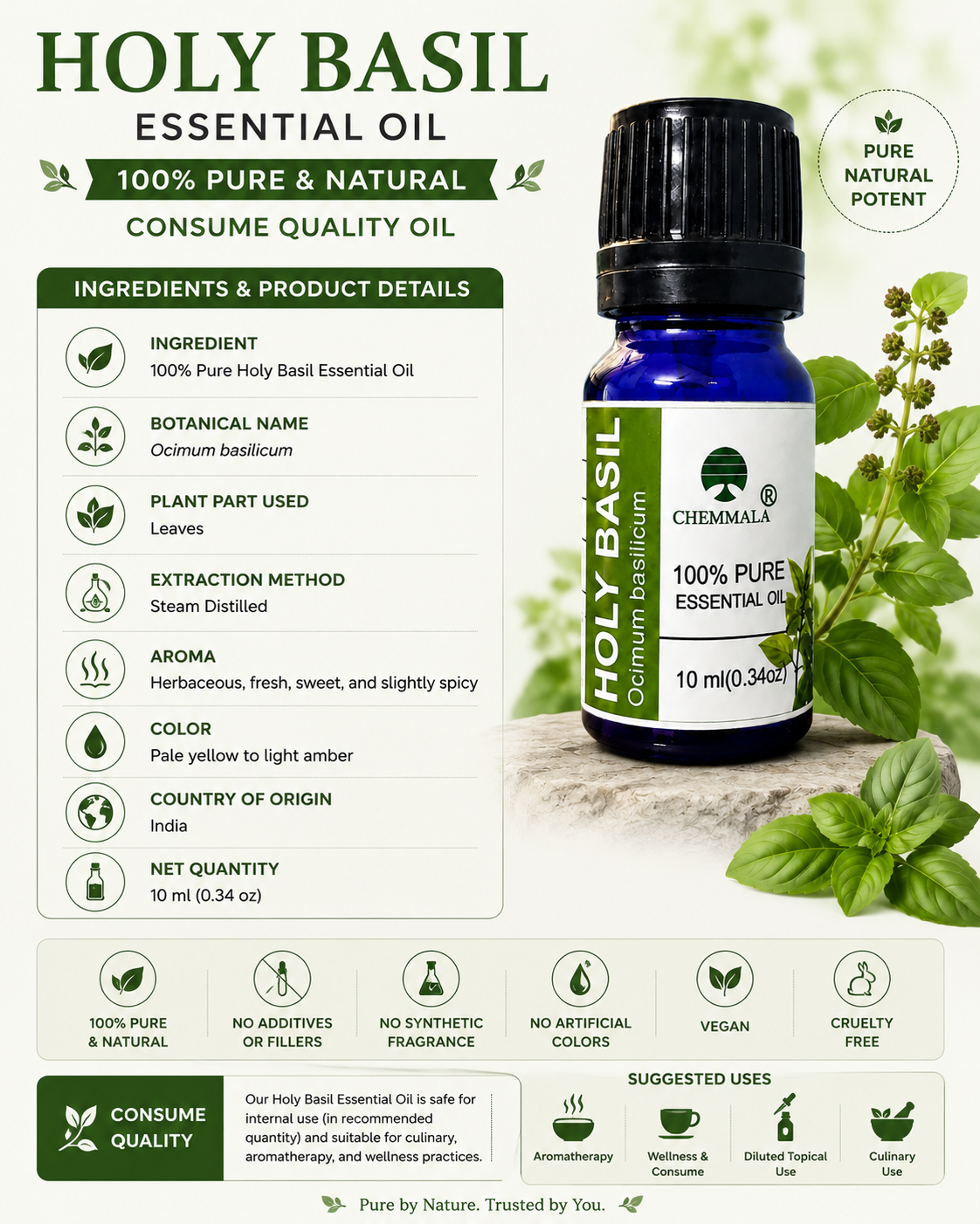 Chemmala Holy Basil Essential Oil | 100% Pure Steam Distilled Consume Quality | Ocimum basilicum | 10 ml
