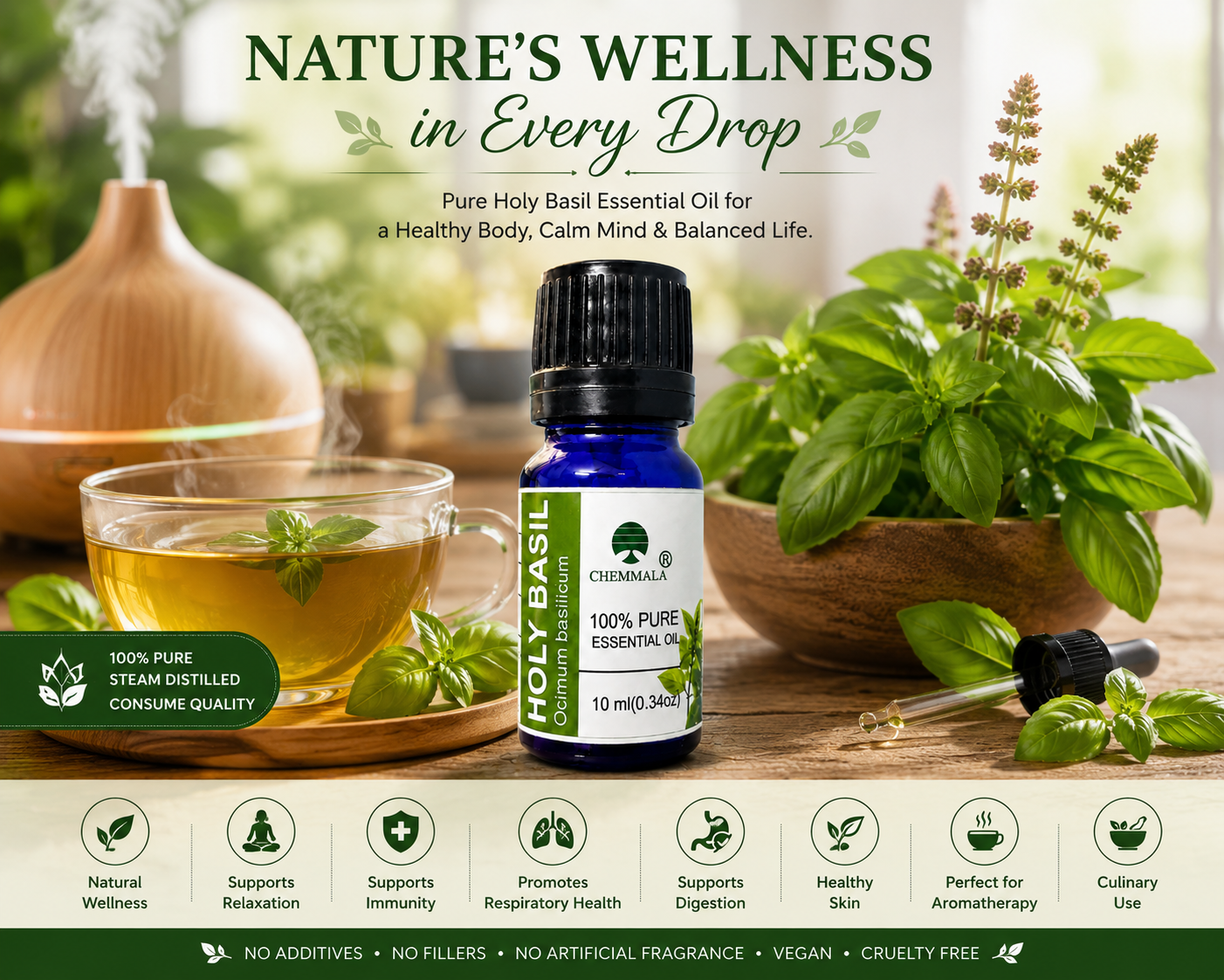 Chemmala Holy Basil Essential Oil | 100% Pure Steam Distilled Consume Quality | Ocimum basilicum | 10 ml