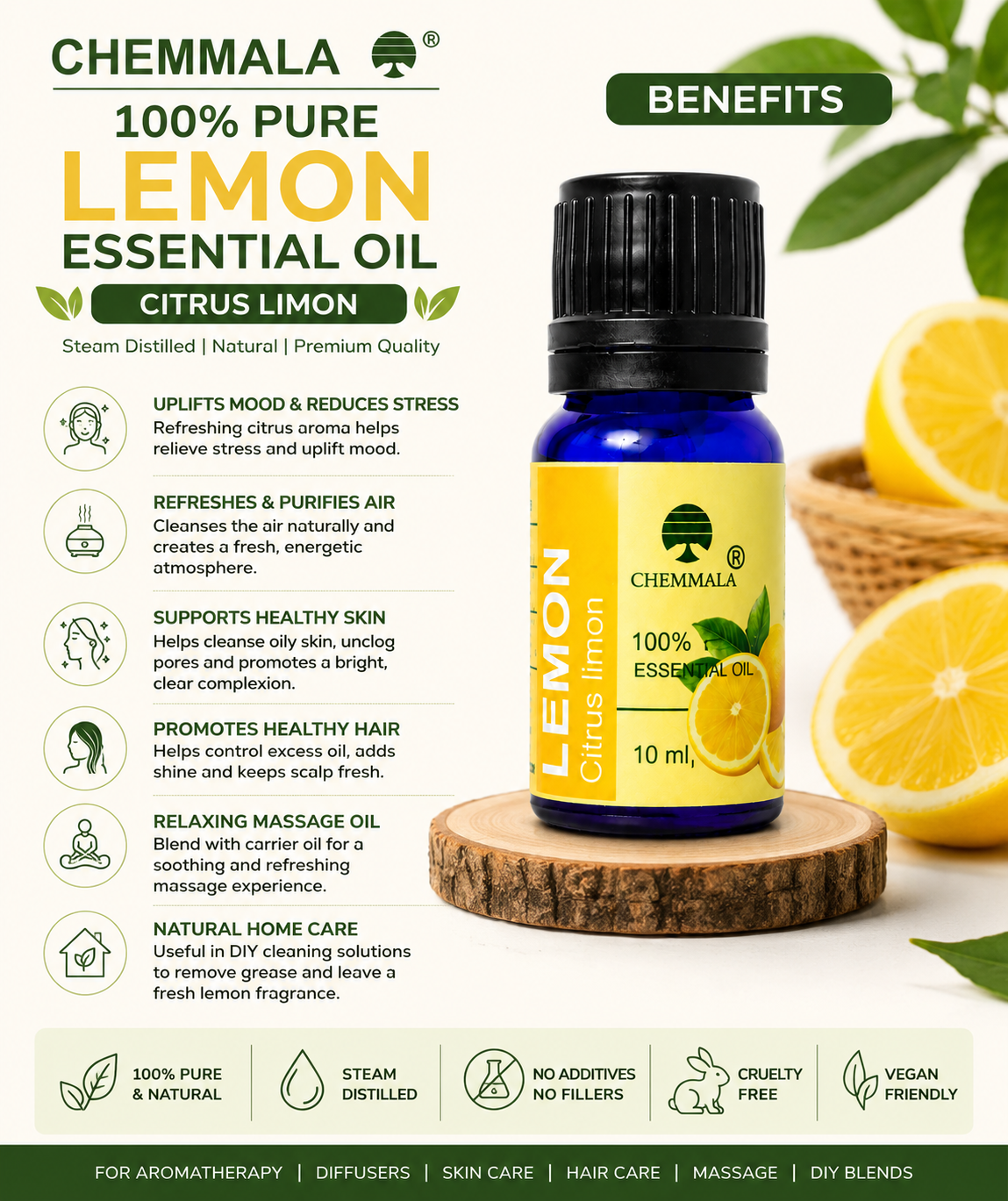 Chemmala 100% Pure Lemon Essential Oil 10ml | Steam Distilled Citrus limon Oil for Aromatherapy, Diffuser, Massage, Skin & Hair Care