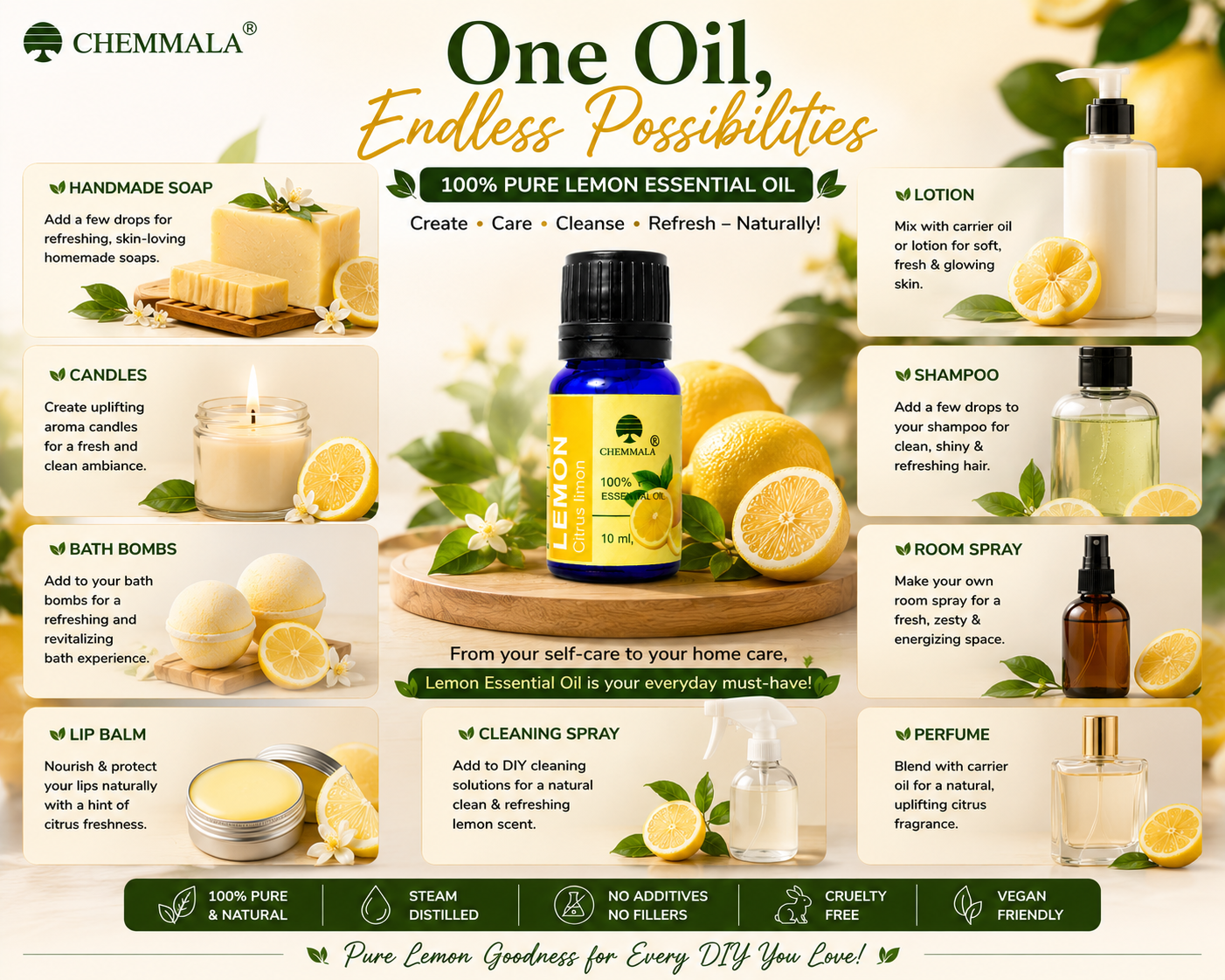 Chemmala 100% Pure Lemon Essential Oil 10ml | Steam Distilled Citrus limon Oil for Aromatherapy, Diffuser, Massage, Skin & Hair Care