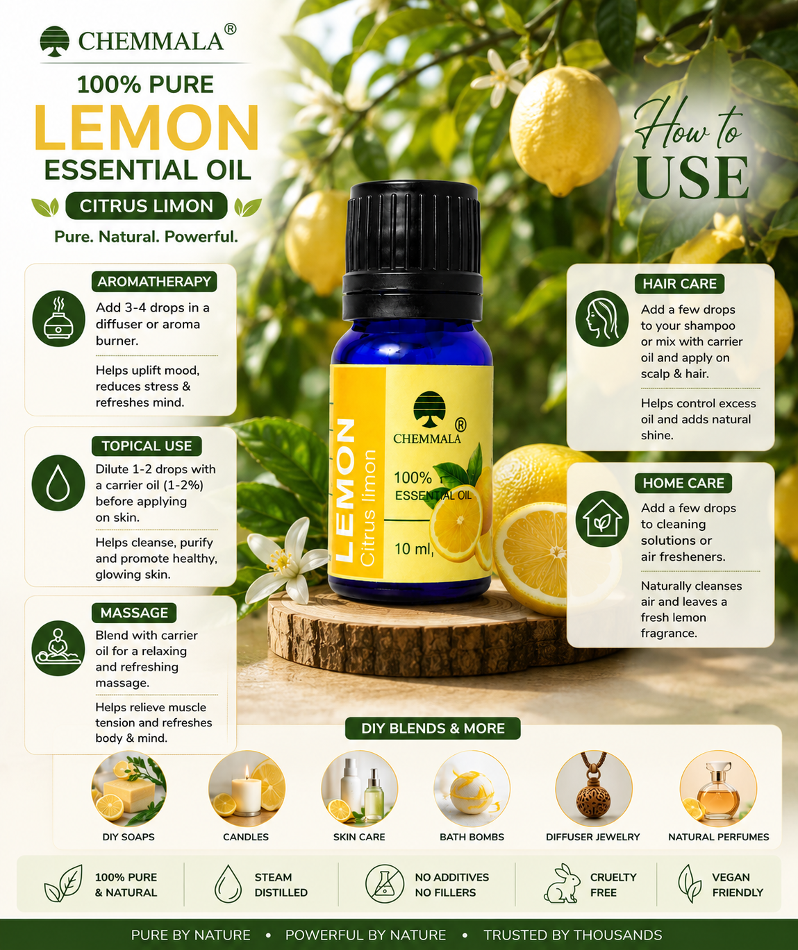 Chemmala 100% Pure Lemon Essential Oil 10ml | Steam Distilled Citrus limon Oil for Aromatherapy, Diffuser, Massage, Skin & Hair Care