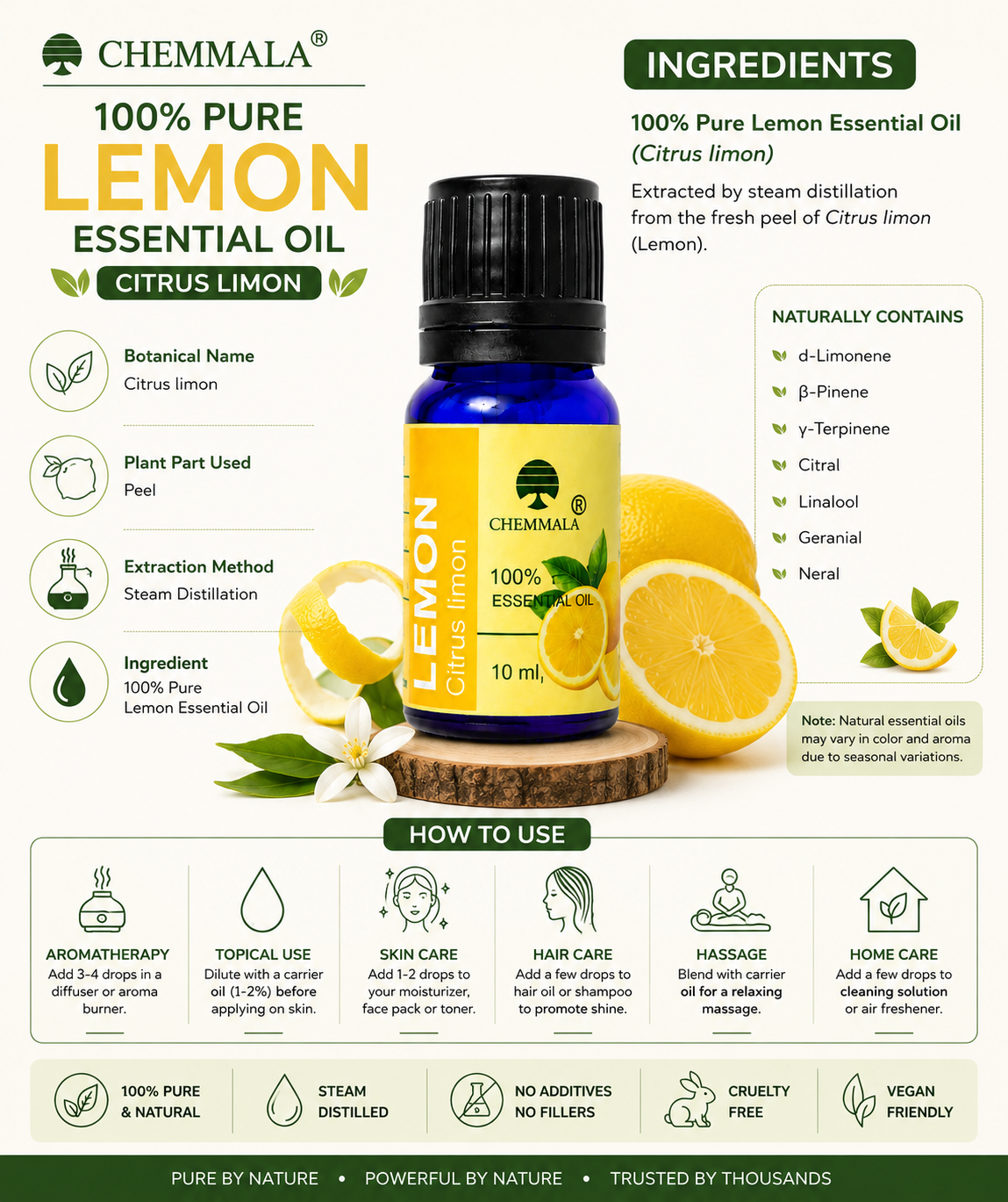 Chemmala 100% Pure Lemon Essential Oil 10ml | Steam Distilled Citrus limon Oil for Aromatherapy, Diffuser, Massage, Skin & Hair Care