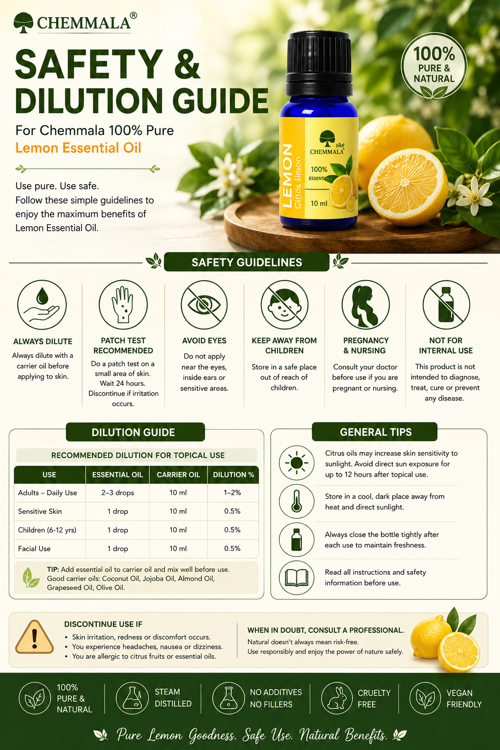 Chemmala 100% Pure Lemon Essential Oil 10ml | Steam Distilled Citrus limon Oil for Aromatherapy, Diffuser, Massage, Skin & Hair Care