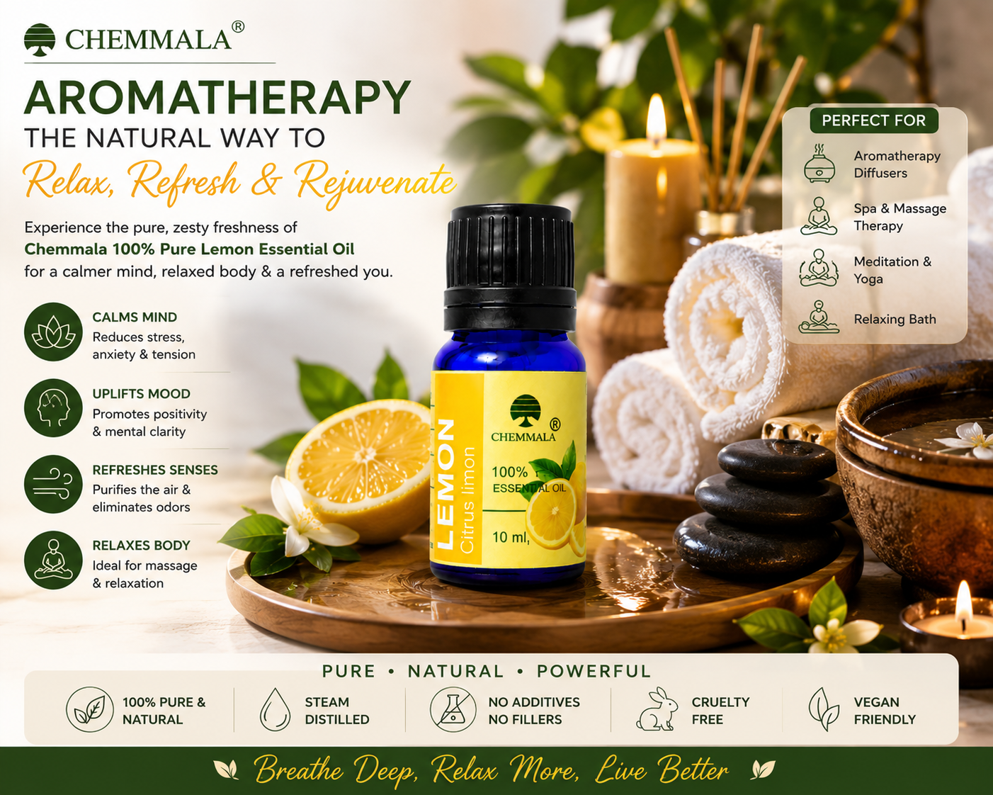 Chemmala 100% Pure Lemon Essential Oil 10ml | Steam Distilled Citrus limon Oil for Aromatherapy, Diffuser, Massage, Skin & Hair Care