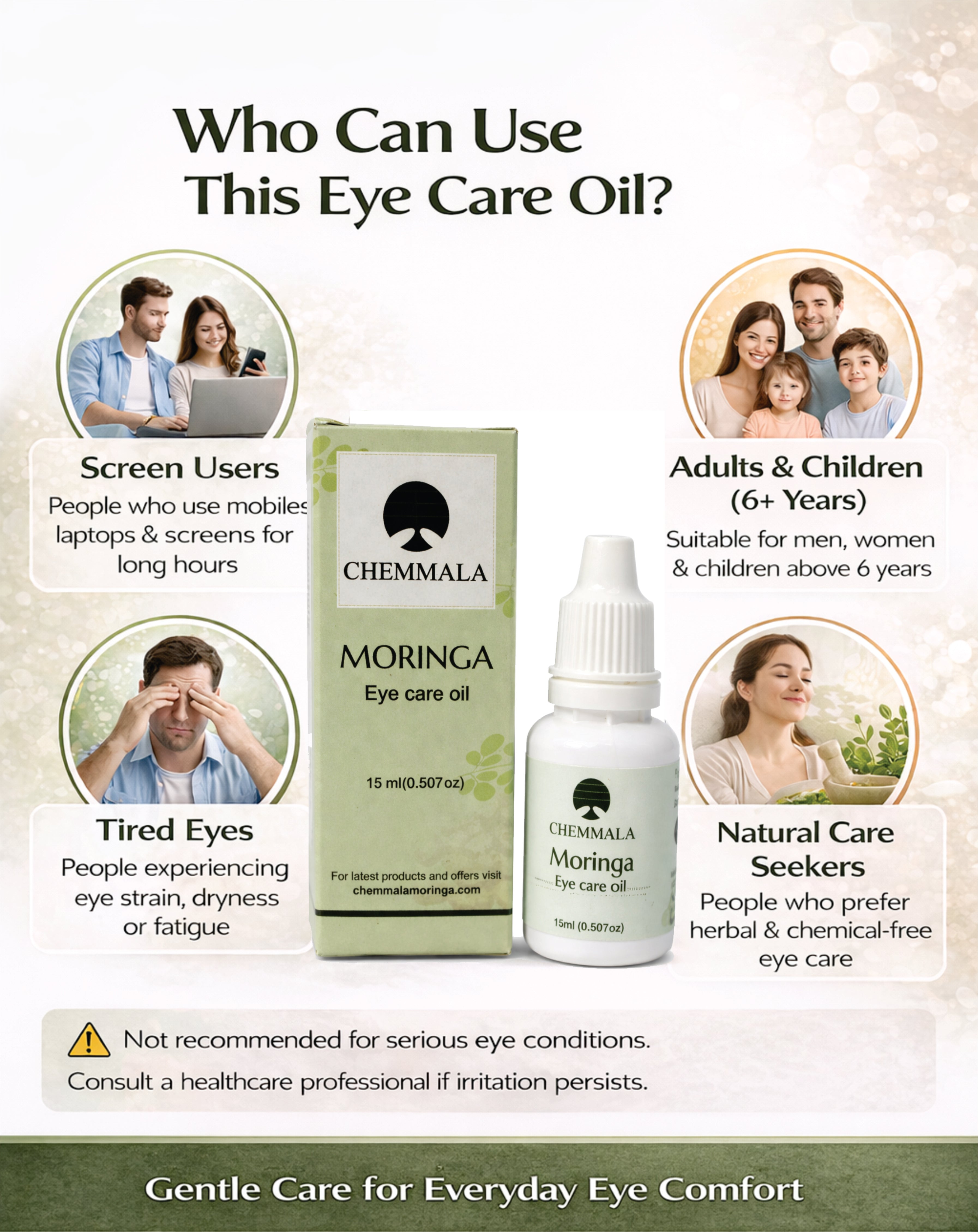 Chemmala Moringa Eye Care Oil – Natural Herbal Eye Drops | Supports Eye Nourishment & Relaxation | 100% Pure & Gentle Formula