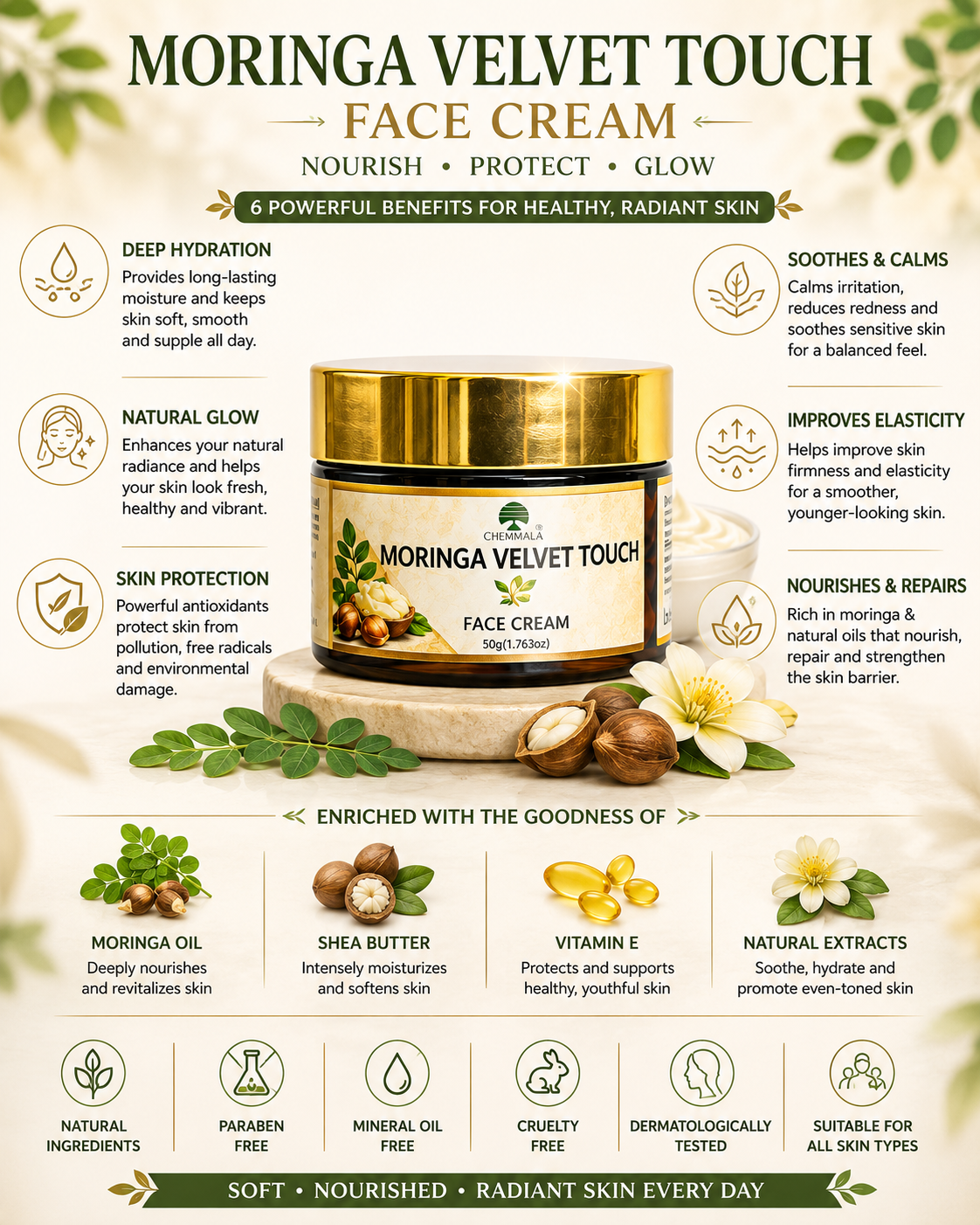 Chemmala Moringa Velvet Touch Face Cream | Deep Hydration & Natural Glow | With Aloe Vera, Jojoba & Vitamin E