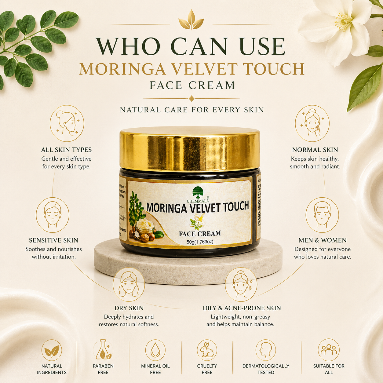 Chemmala Moringa Velvet Touch Face Cream | Deep Hydration & Natural Glow | With Aloe Vera, Jojoba & Vitamin E